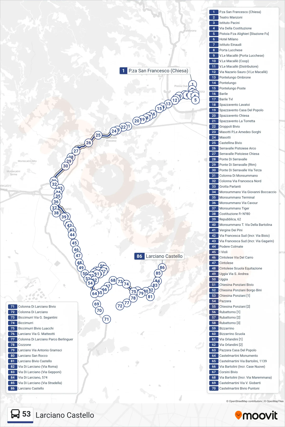 Linea 53  bus (Larciano Castello) - Percorsi e fermate sulla mappa