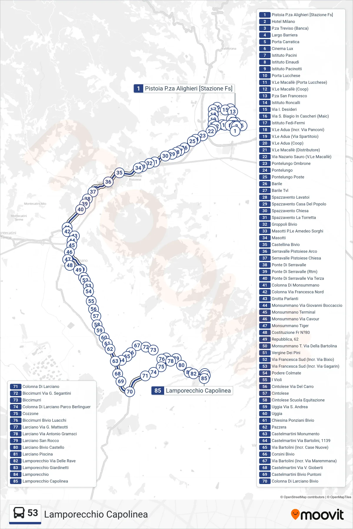 Linea 53 bus (Lamporecchio Capolinea) - Percorsi e fermate sulla mappa