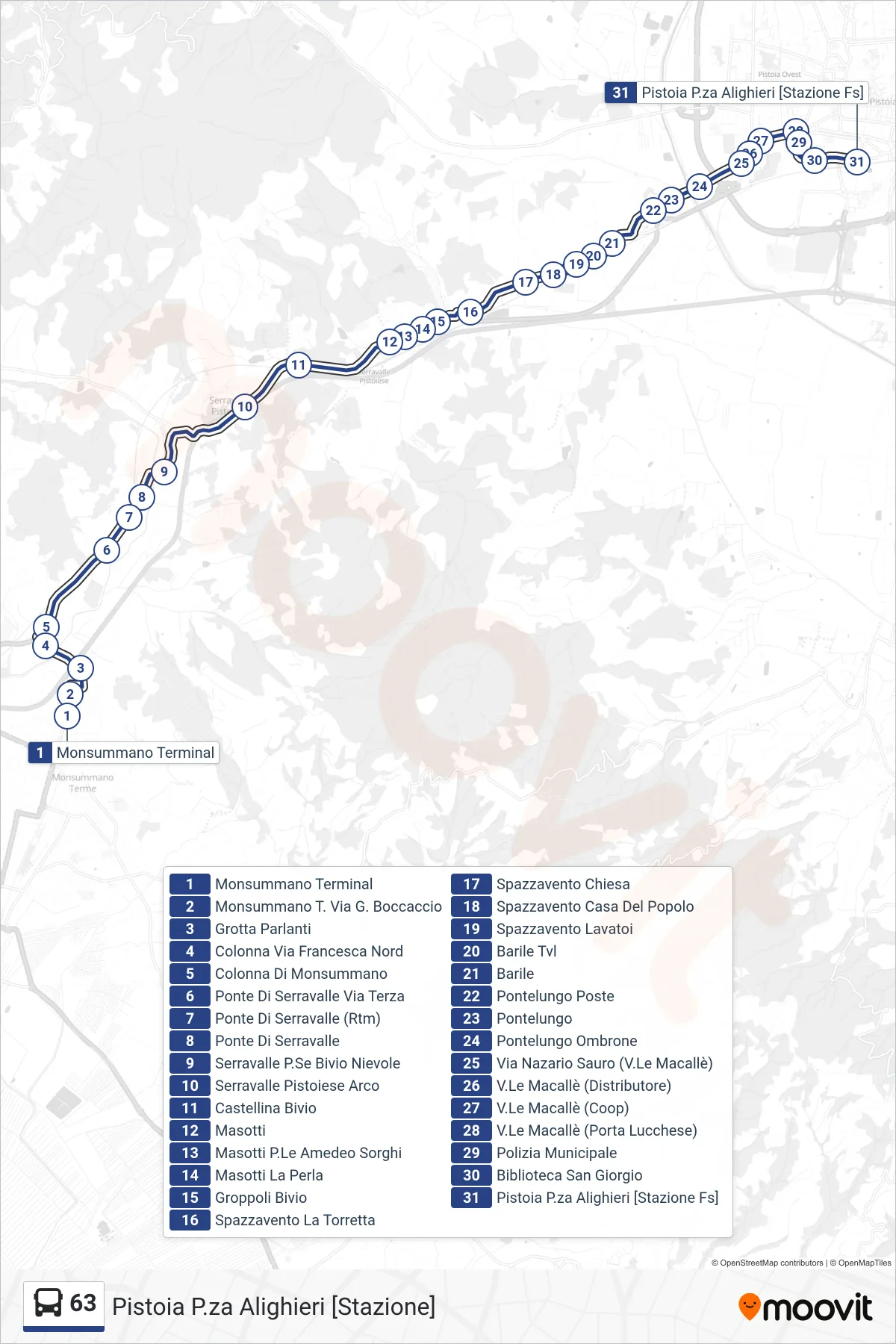 Linea 63  bus (Pistoia P.za Alighieri [Stazione]) - Percorsi e fermate sulla mappa