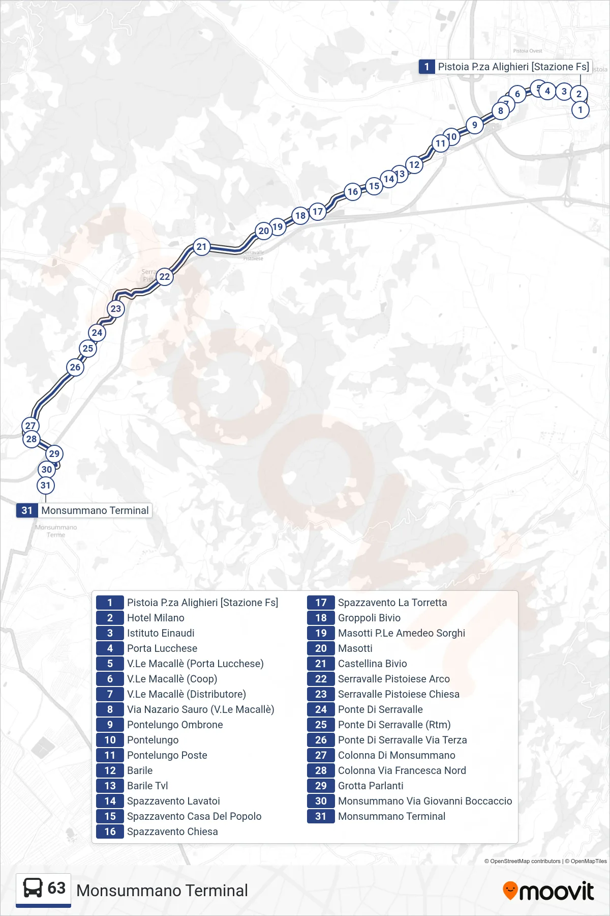 Linea 63 bus (Monsummano Terminal) - Percorsi e fermate sulla mappa