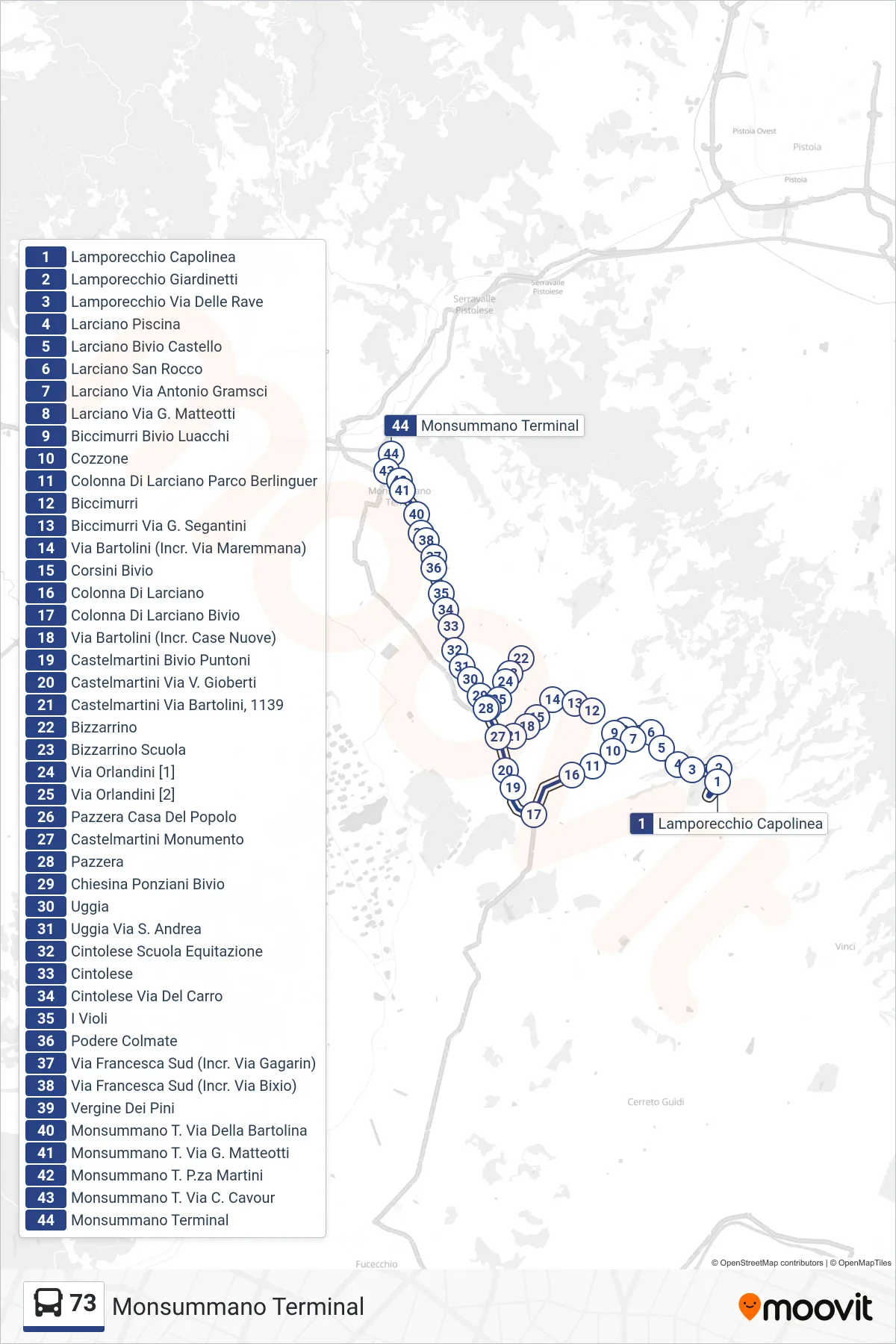 Linea 73 bus (Monsummano Terminal) - Percorsi e fermate sulla mappa