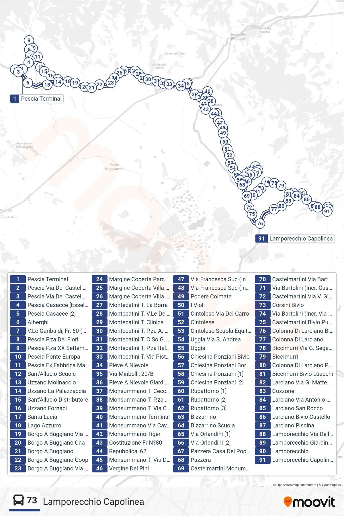 Linea 73  bus (Lamporecchio Capolinea) - Percorsi e fermate sulla mappa