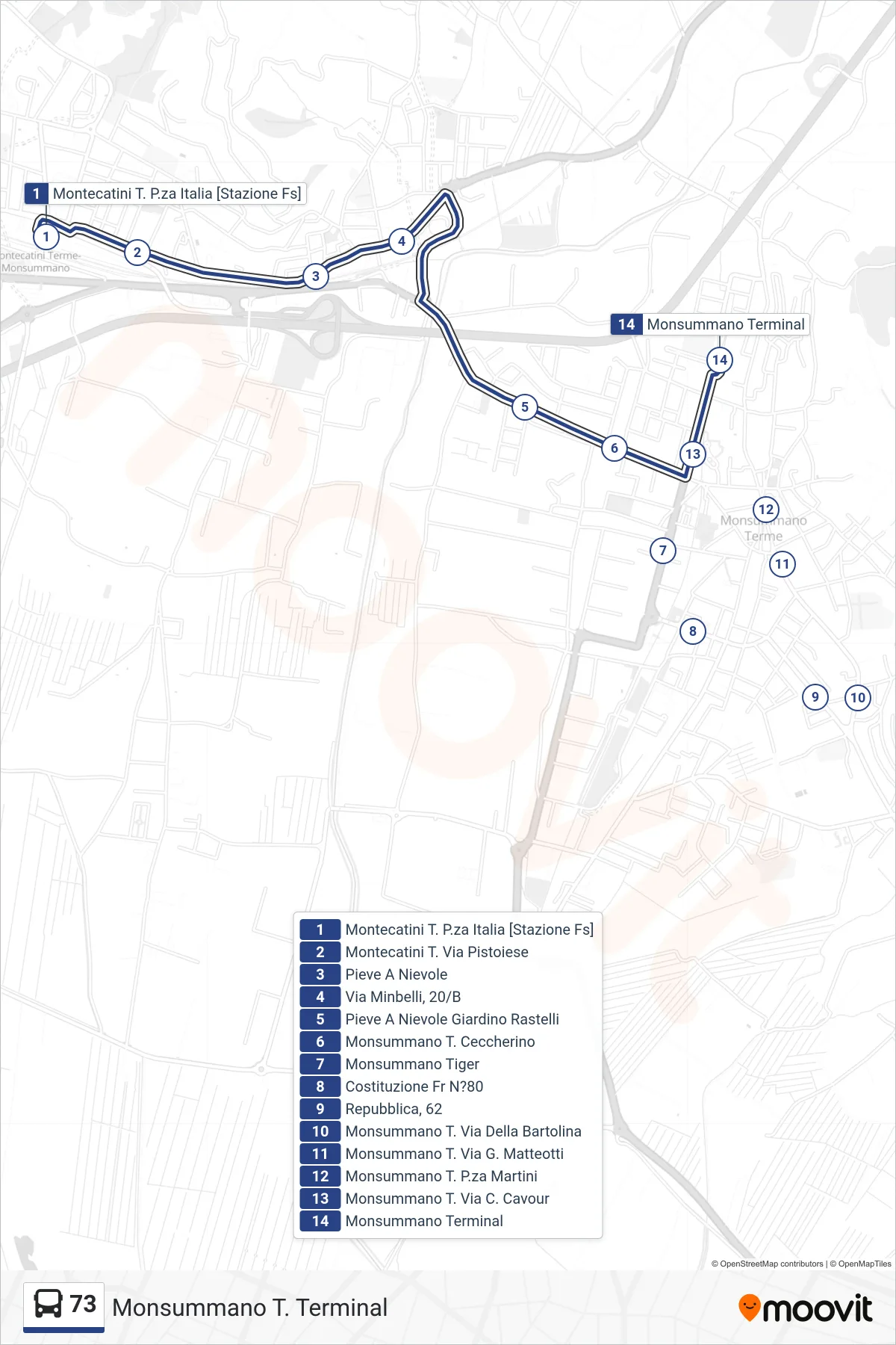 Linea 73 bus (Monsummano T. Terminal) - Percorsi e fermate sulla mappa