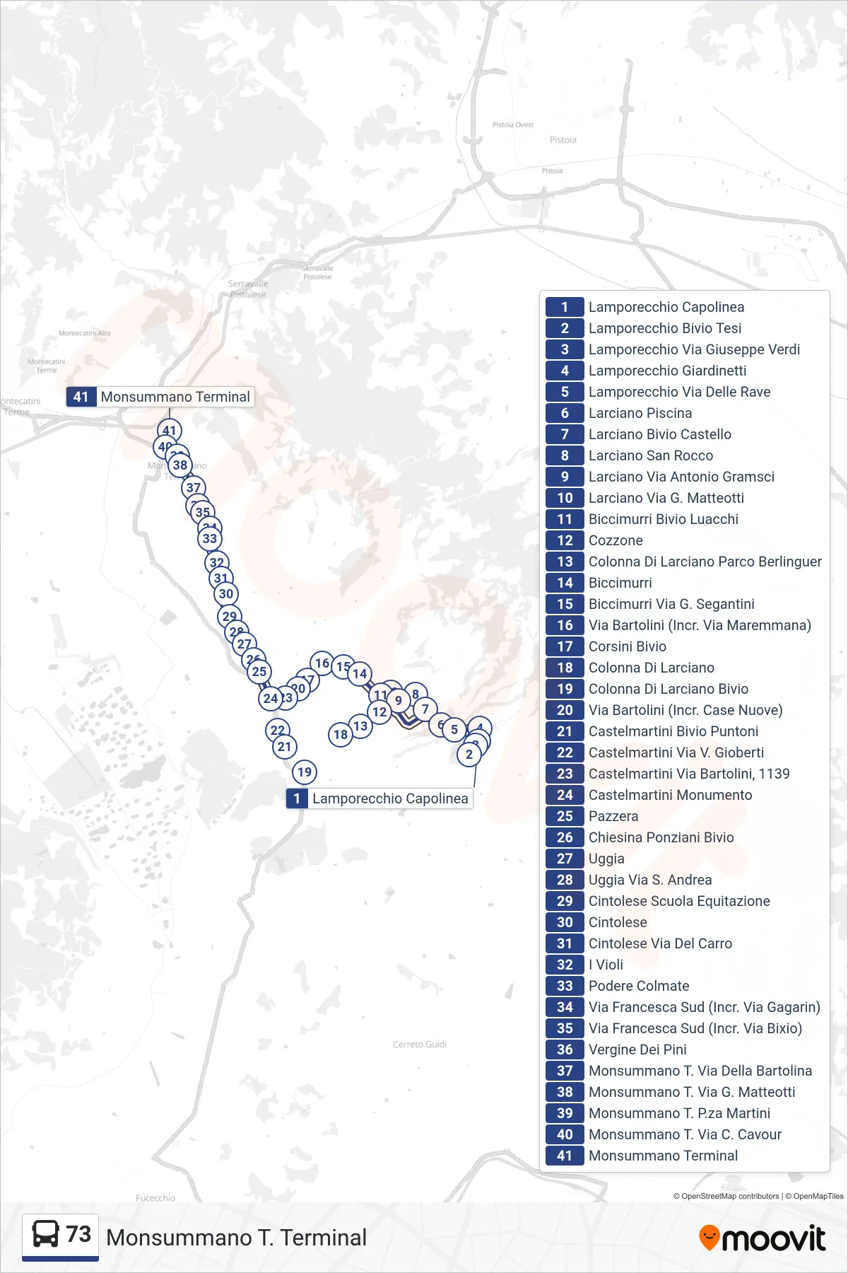 Linea 73 bus (Monsummano T. Terminal) - Percorsi e fermate sulla mappa