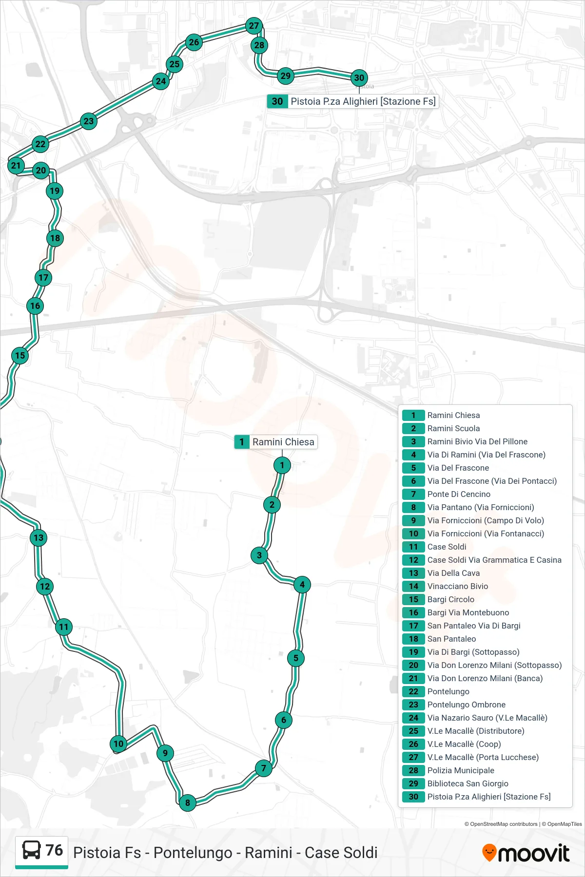 Linea 76  bus (Pistoia P.za Alighieri [Stazione]) - Percorsi e fermate sulla mappa