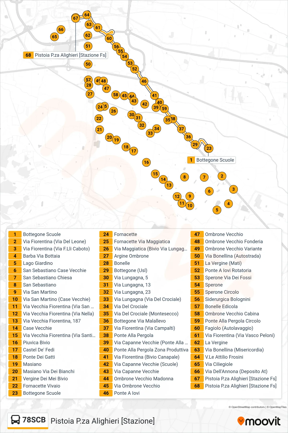 Linea 78SCB  bus (Pistoia P.za Alighieri [Stazione]) - Percorsi e fermate sulla mappa