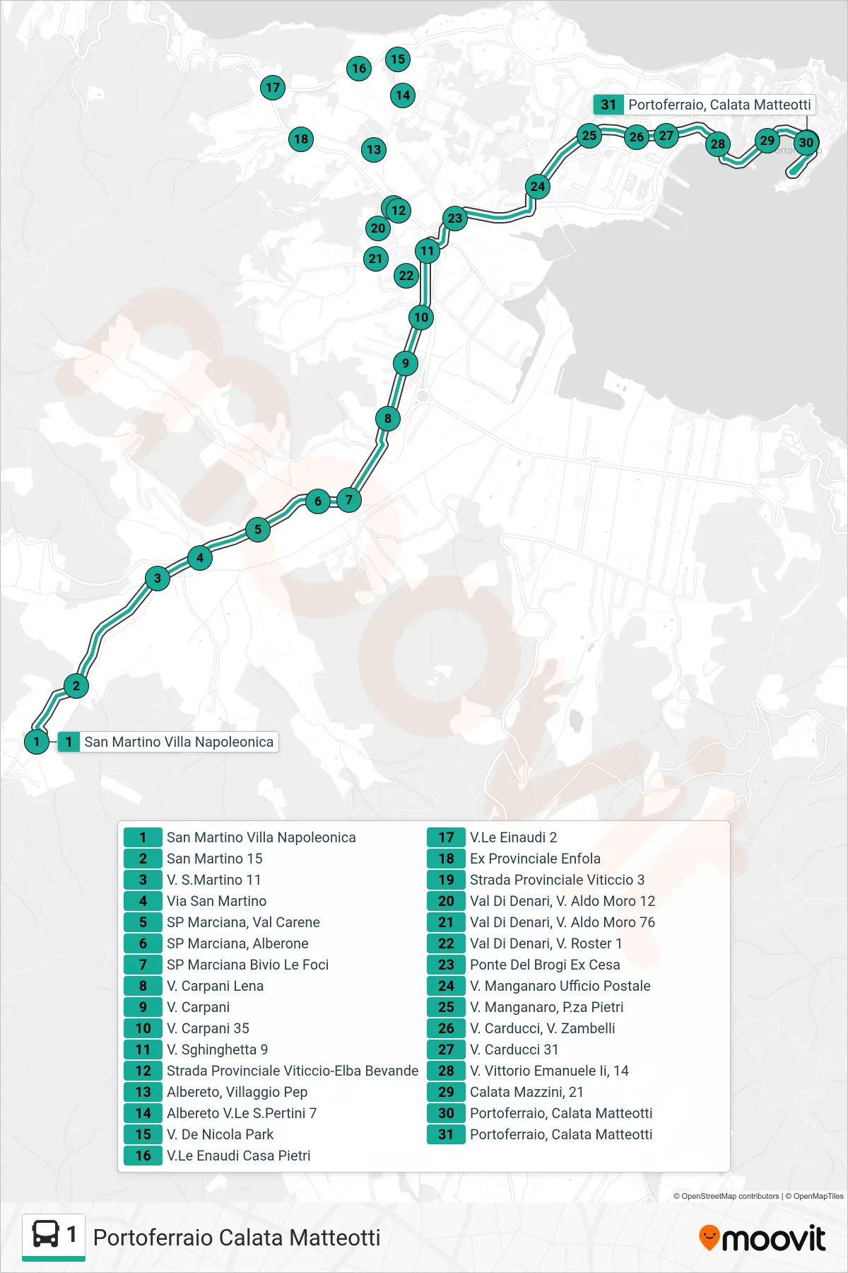 Linea 1 bus (Portoferraio Calata Matteotti) - Percorsi e fermate sulla mappa