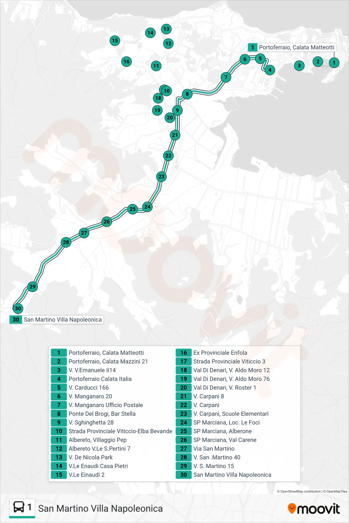 Linea 1 bus (San Martino Villa Napoleonica) - Percorsi e fermate sulla mappa