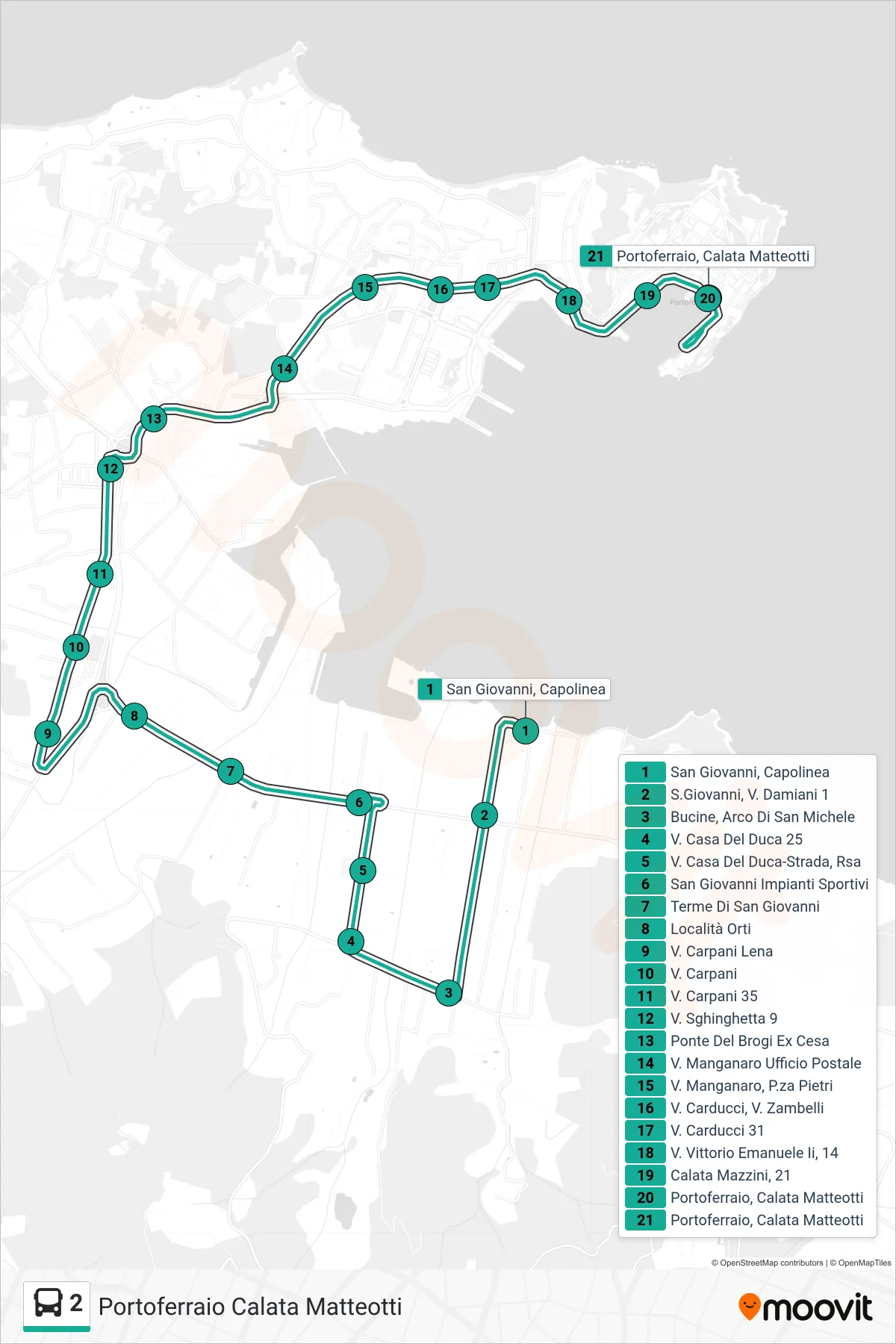 Linea 2  bus (Portoferraio Calata Matteotti) - Percorsi e fermate sulla mappa