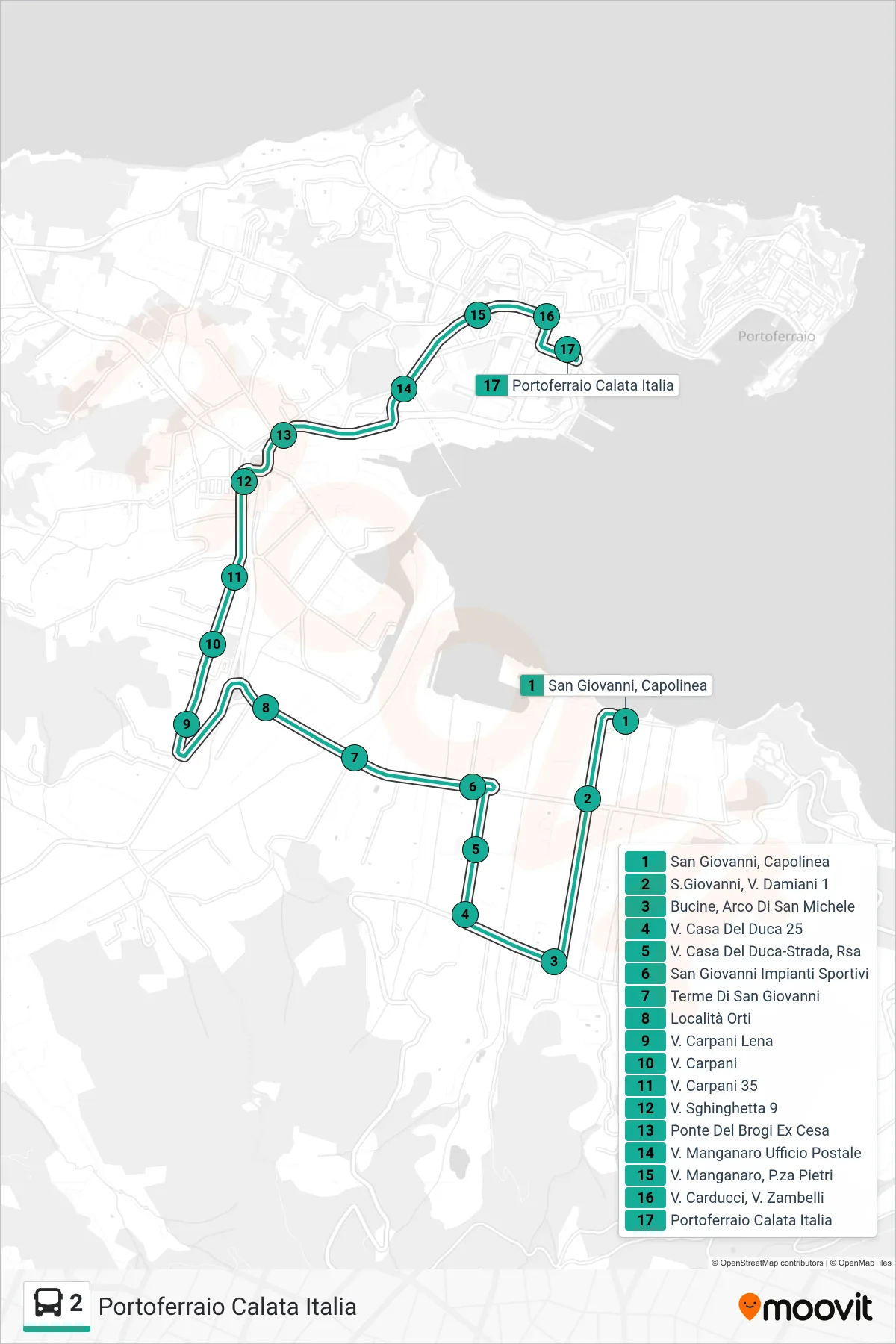 Linea 2 bus (Portoferraio Calata Italia) - Percorsi e fermate sulla mappa