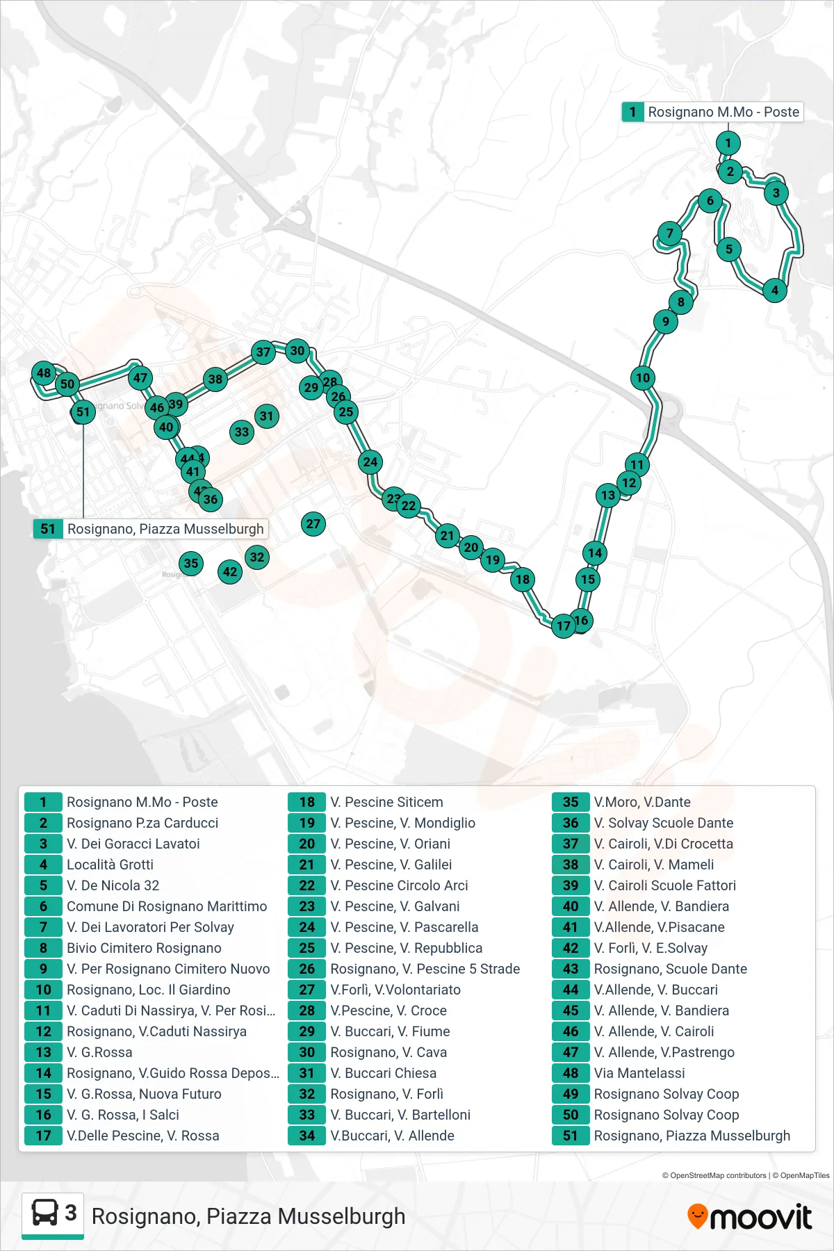 Linea 3 bus (Rosignano, Piazza Musselburgh) - Percorsi e fermate sulla mappa