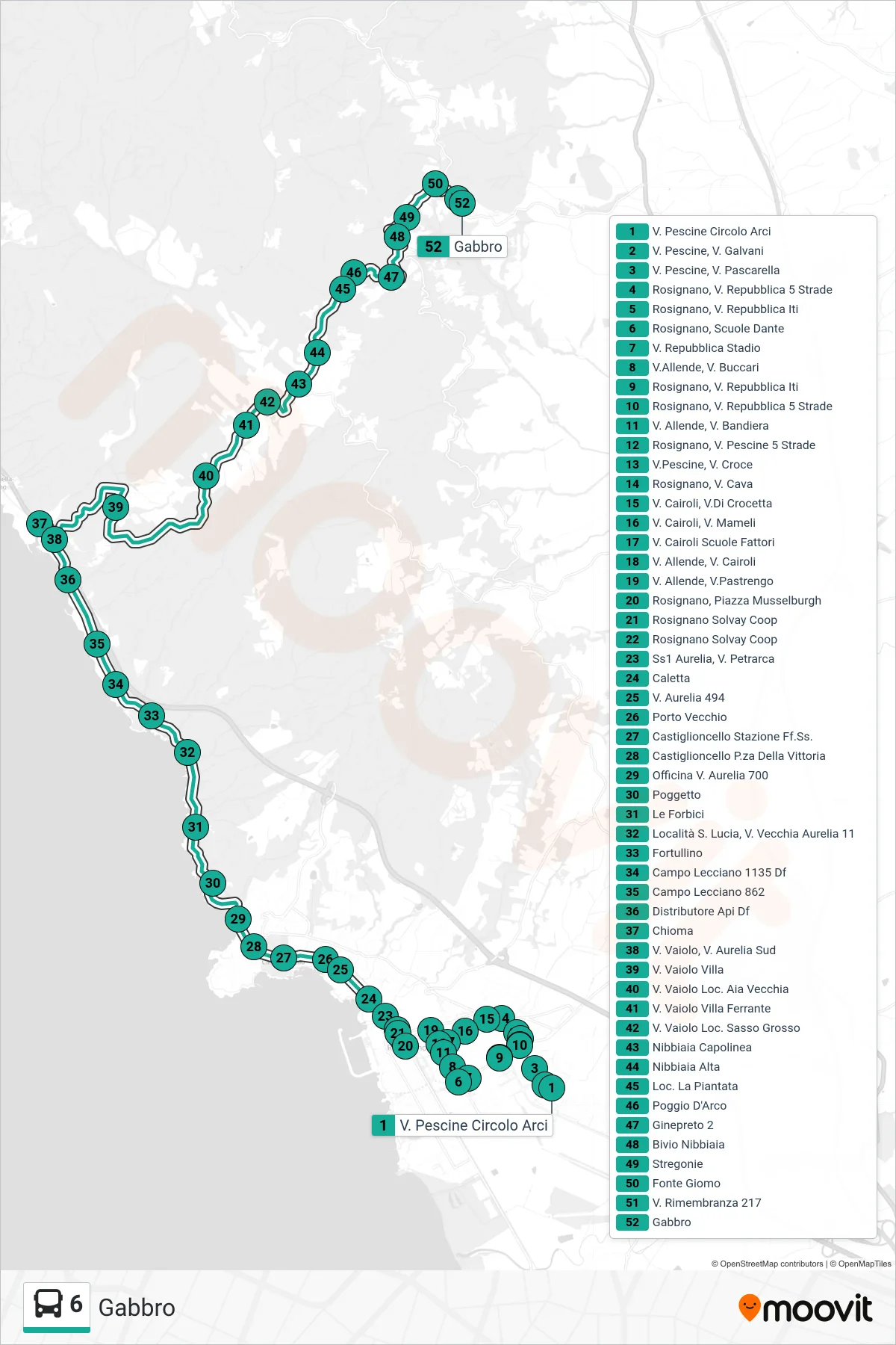 Linea 6 bus (Gabbro) - Percorsi e fermate sulla mappa