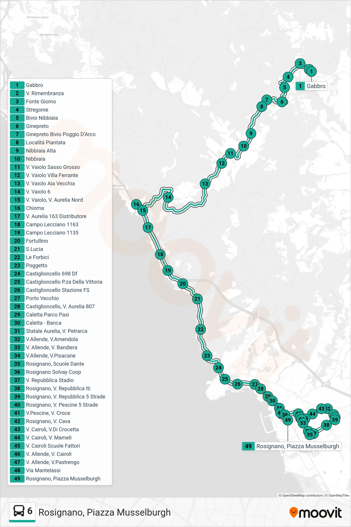 Linea 6 bus (Rosignano, Piazza Musselburgh) - Percorsi e fermate sulla mappa