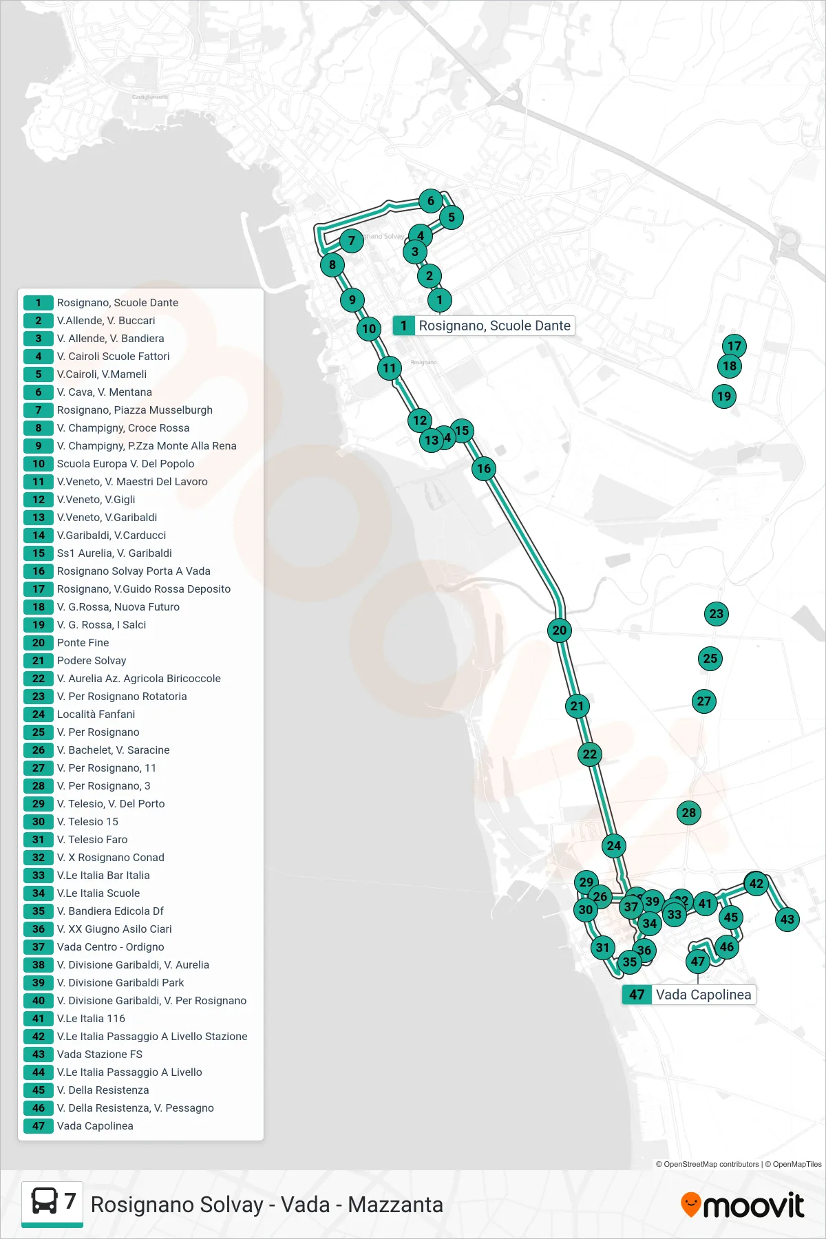 Linea 7  bus (Vada Capolinea) - Percorsi e fermate sulla mappa