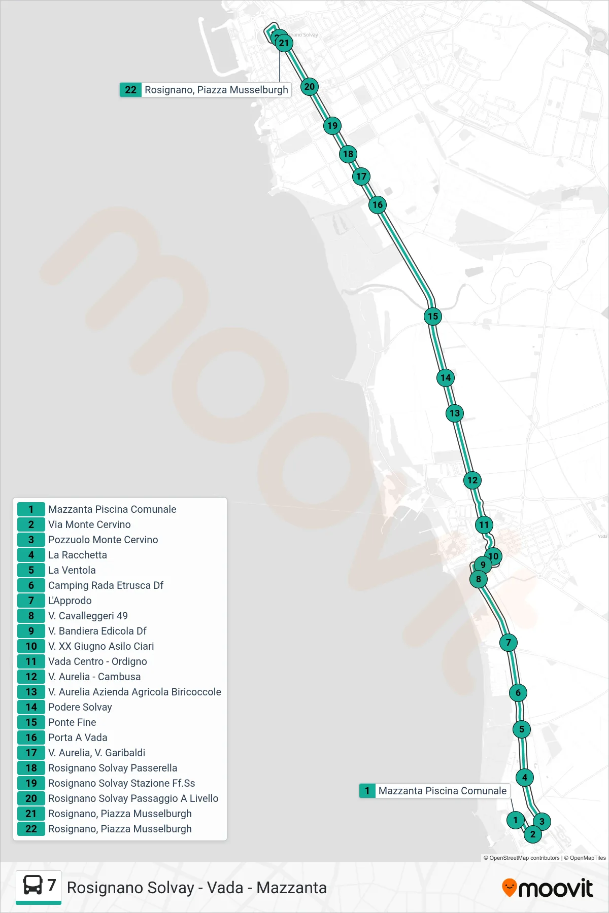 Linea 7 bus (Rosignano, Piazza Musselburgh) - Percorsi e fermate sulla mappa