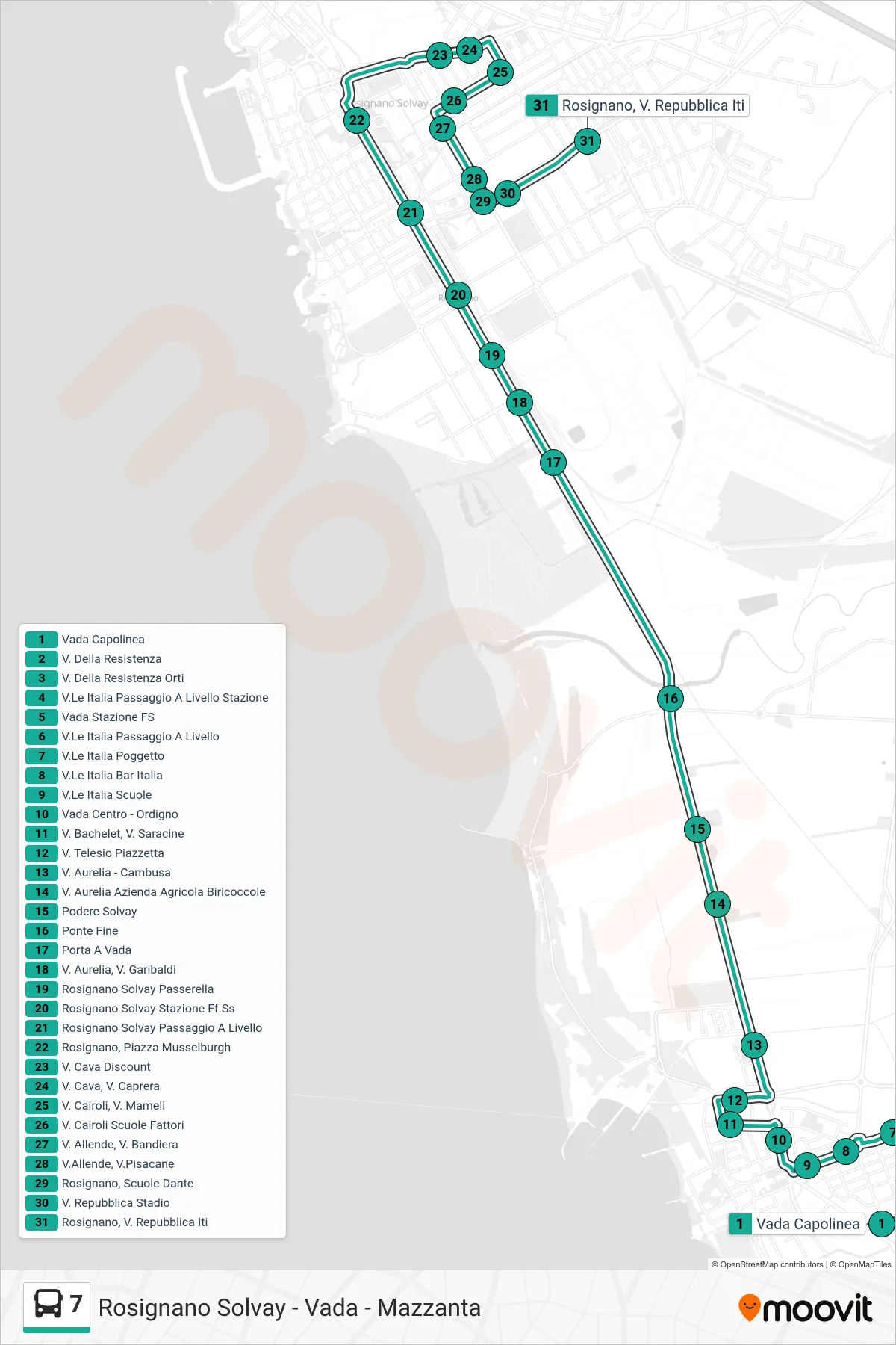 Linea 7  bus (Rosignano, V. Repubblica Iti) - Percorsi e fermate sulla mappa
