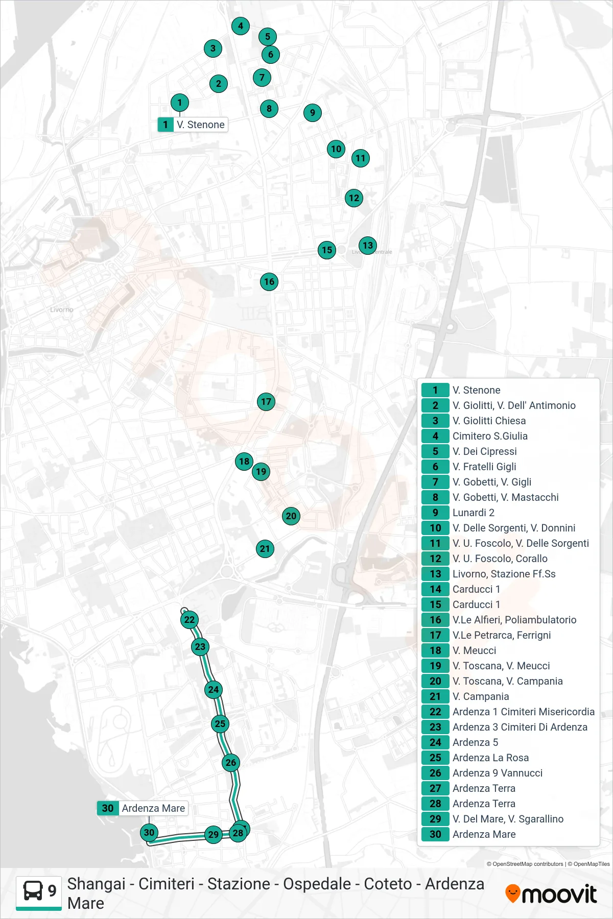 Linea 9 bus (Ardenza Mare) - Percorsi e fermate sulla mappa
