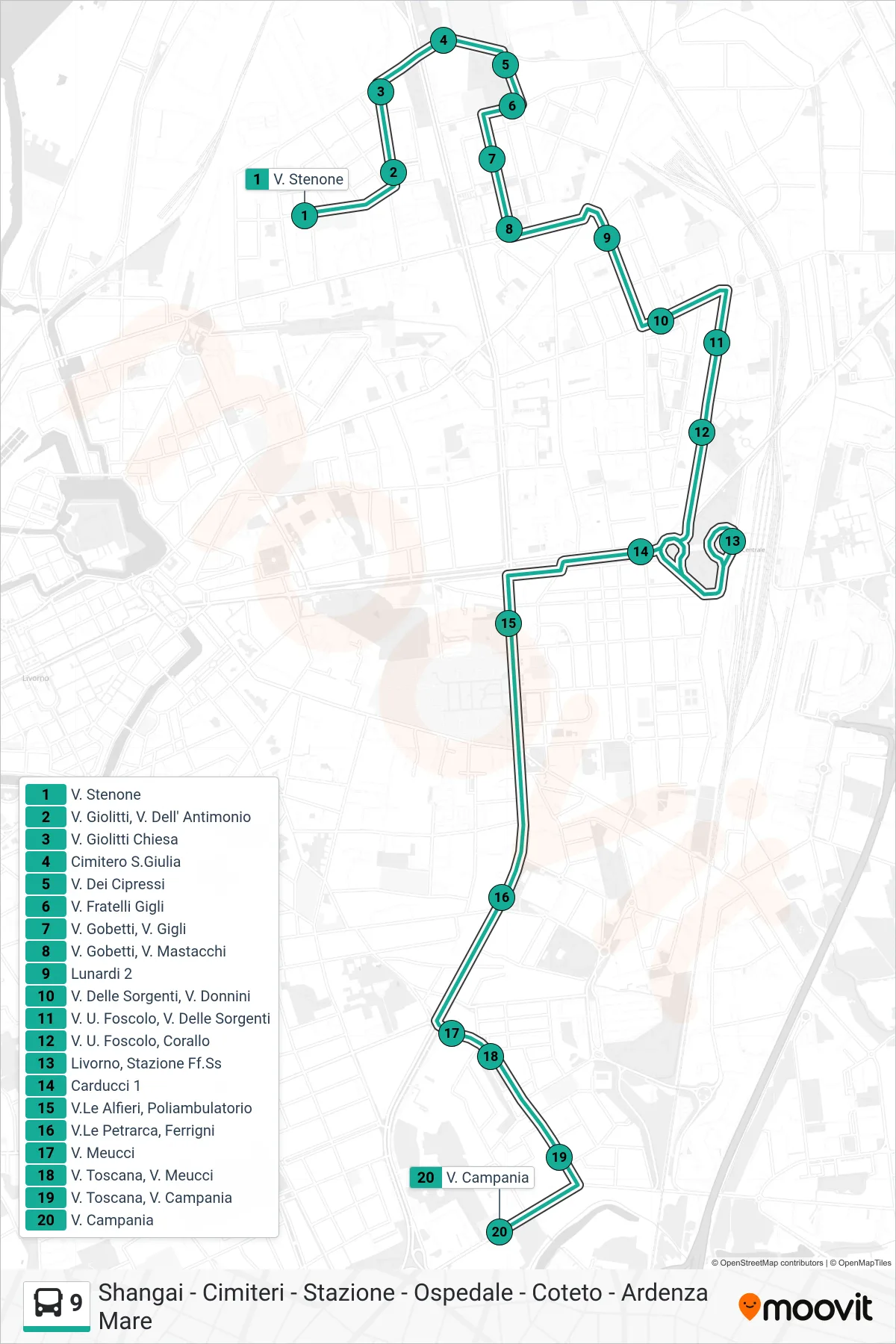 Linea 9 bus (V. Campania) - Percorsi e fermate sulla mappa
