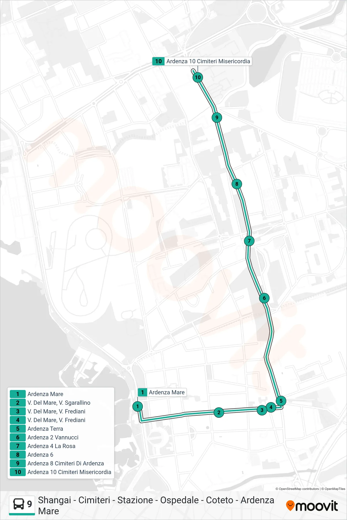 Linea 9 bus (Ardenza Cimiteri Misericordia) - Percorsi e fermate sulla mappa