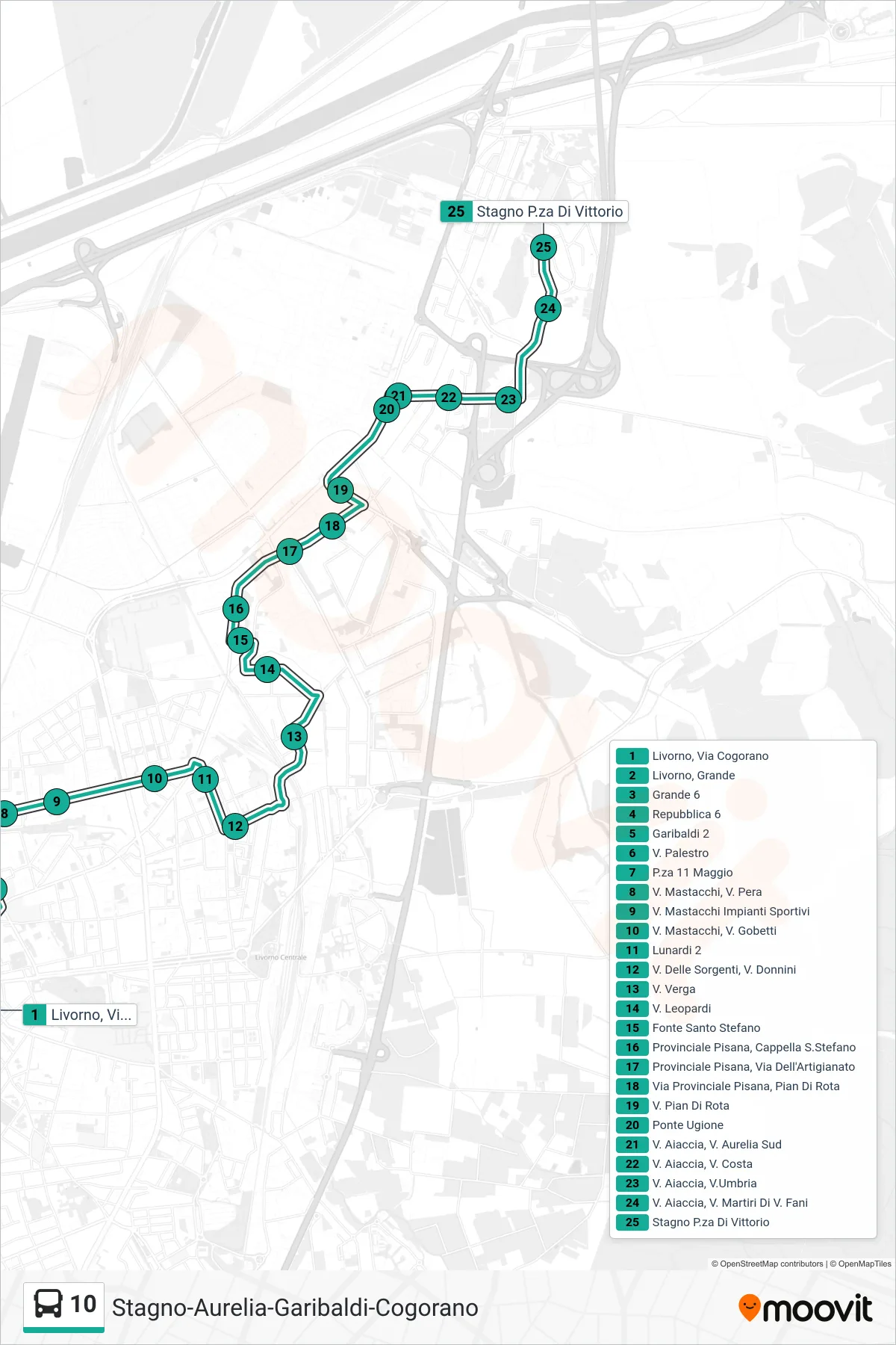 Linea 10  bus (Stagno P.za Di Vittorio) - Percorsi e fermate sulla mappa