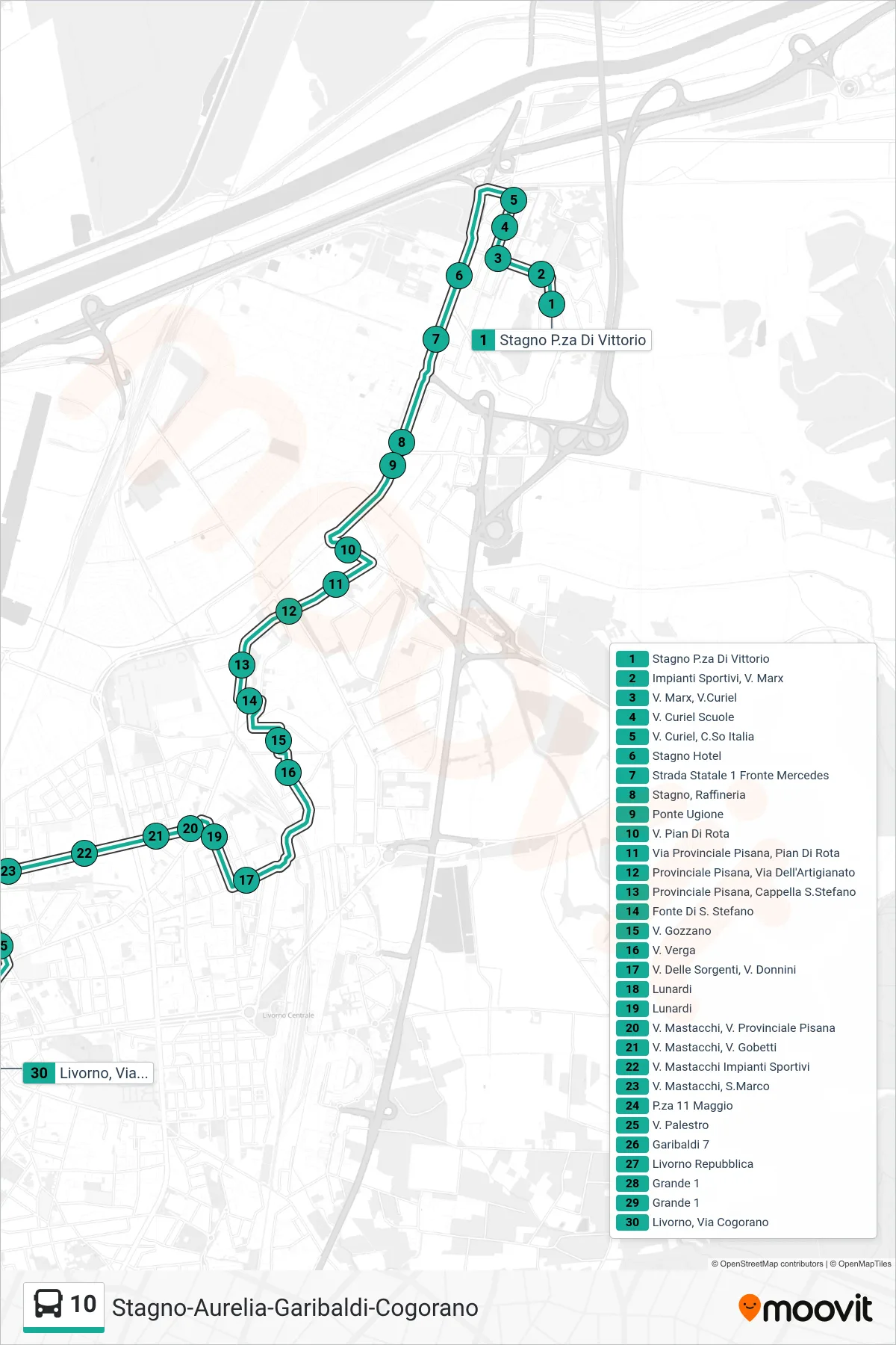Linea 10 bus (Livorno, Via Cogorano) - Percorsi e fermate sulla mappa