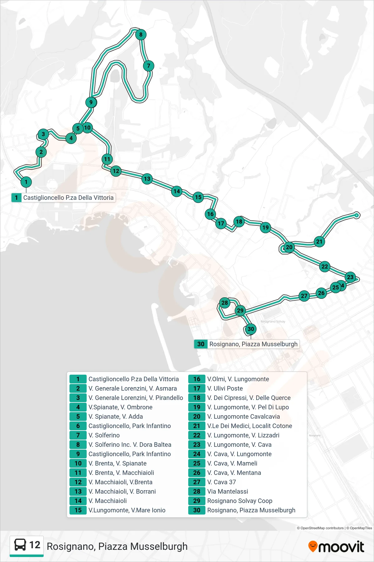 Linea 12  bus (Rosignano, Piazza Musselburgh) - Percorsi e fermate sulla mappa