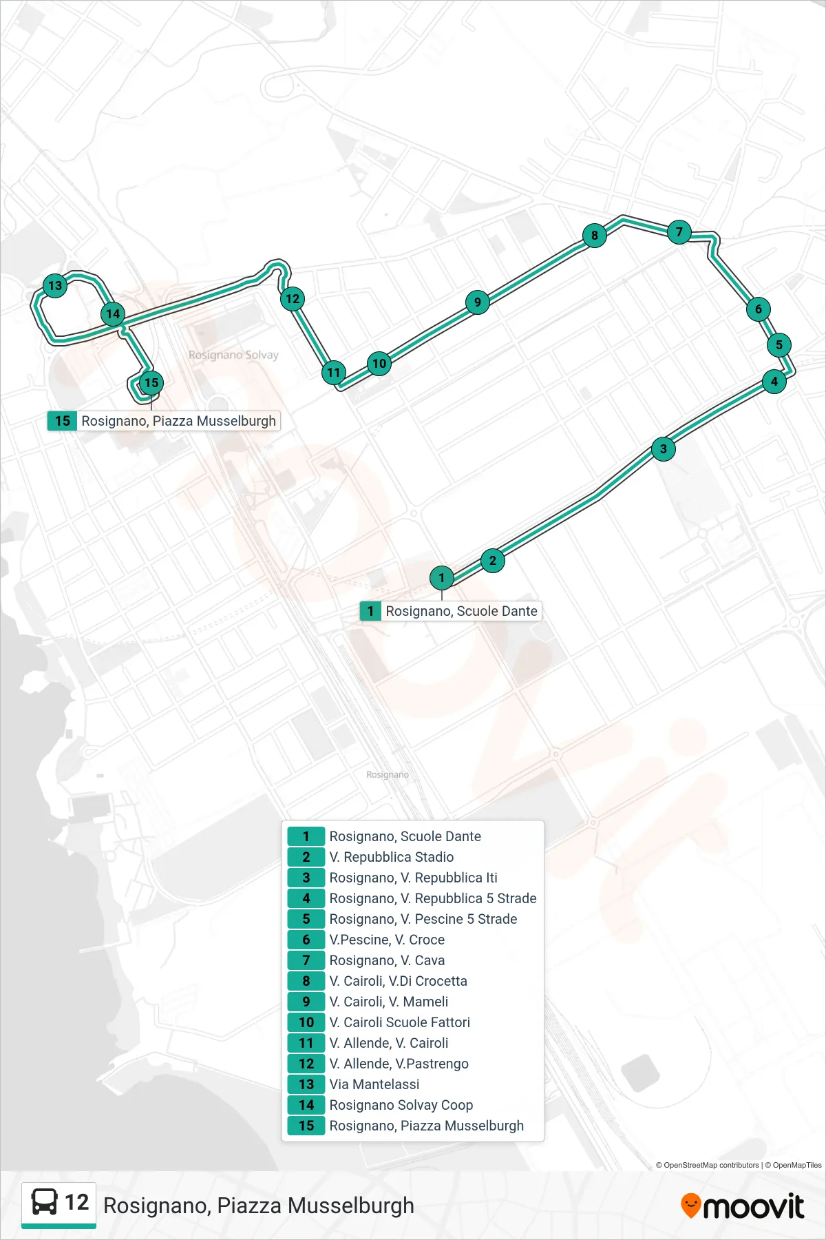 Linea 12 bus (Rosignano, Piazza Musselburgh) - Percorsi e fermate sulla mappa