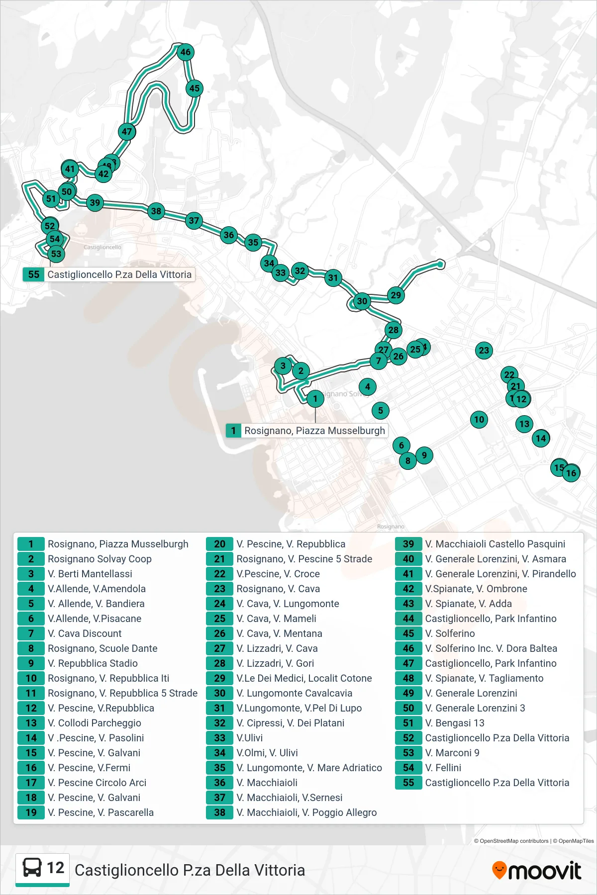 Linea 12 bus (Castiglioncello P.za Della Vittoria) - Percorsi e fermate sulla mappa