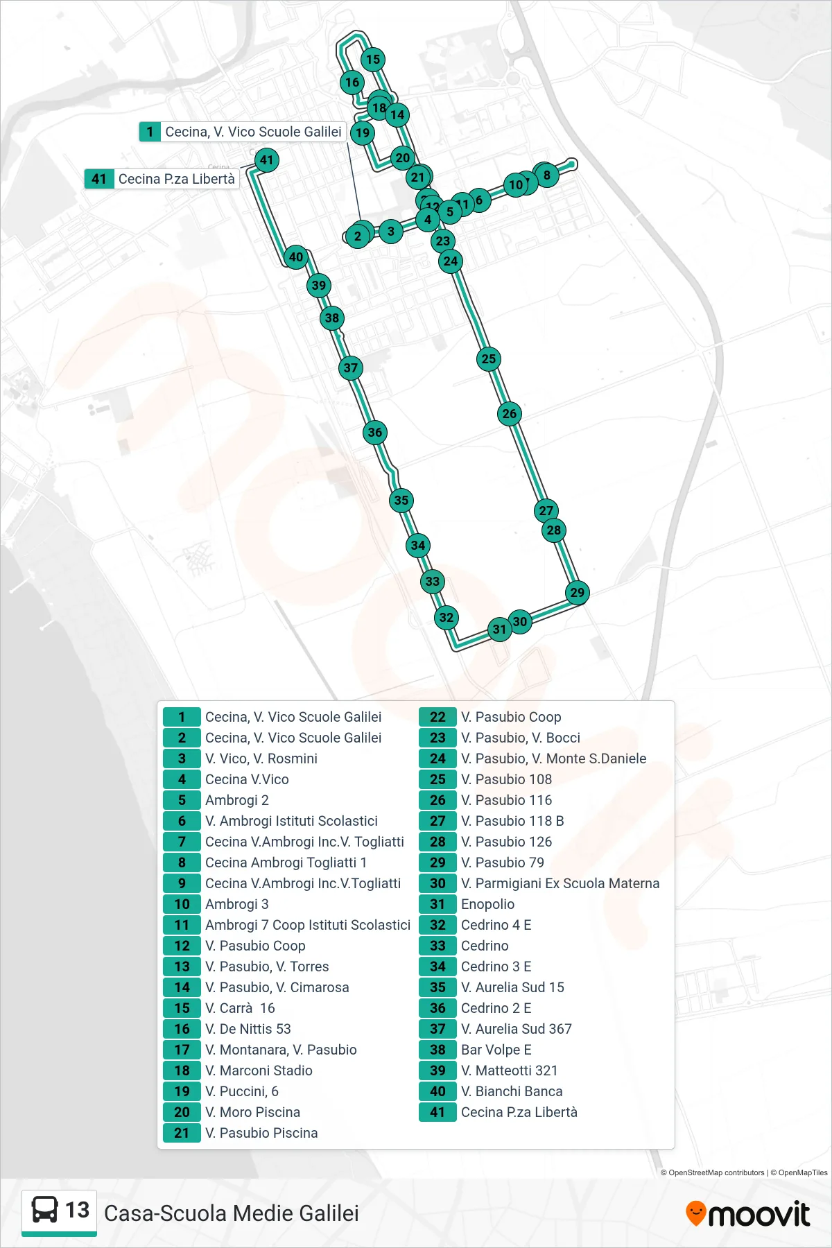 Linea 13 bus (Cecina Libertà) - Percorsi e fermate sulla mappa