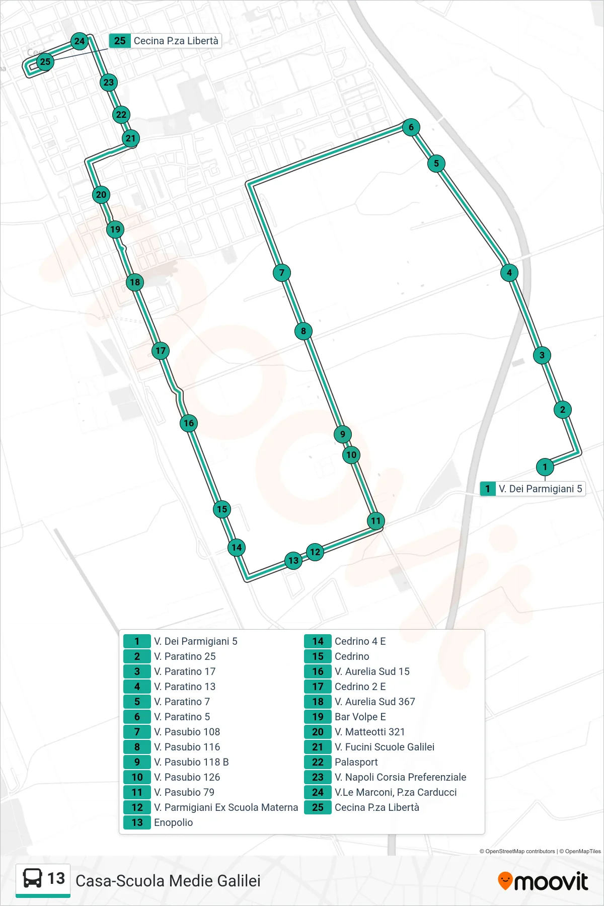 Linea 13 bus (Cecina Libertà) - Percorsi e fermate sulla mappa