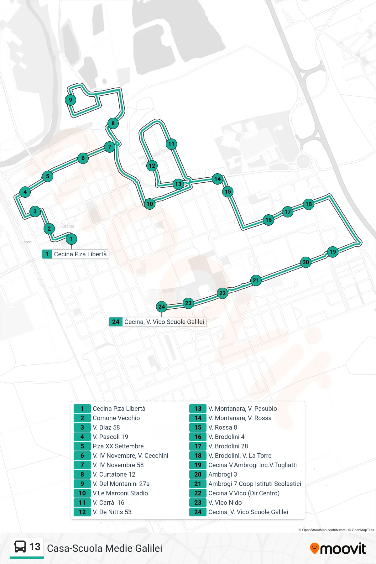 Linea 13  bus (Cecina, V. Vico Scuole Galilei) - Percorsi e fermate sulla mappa