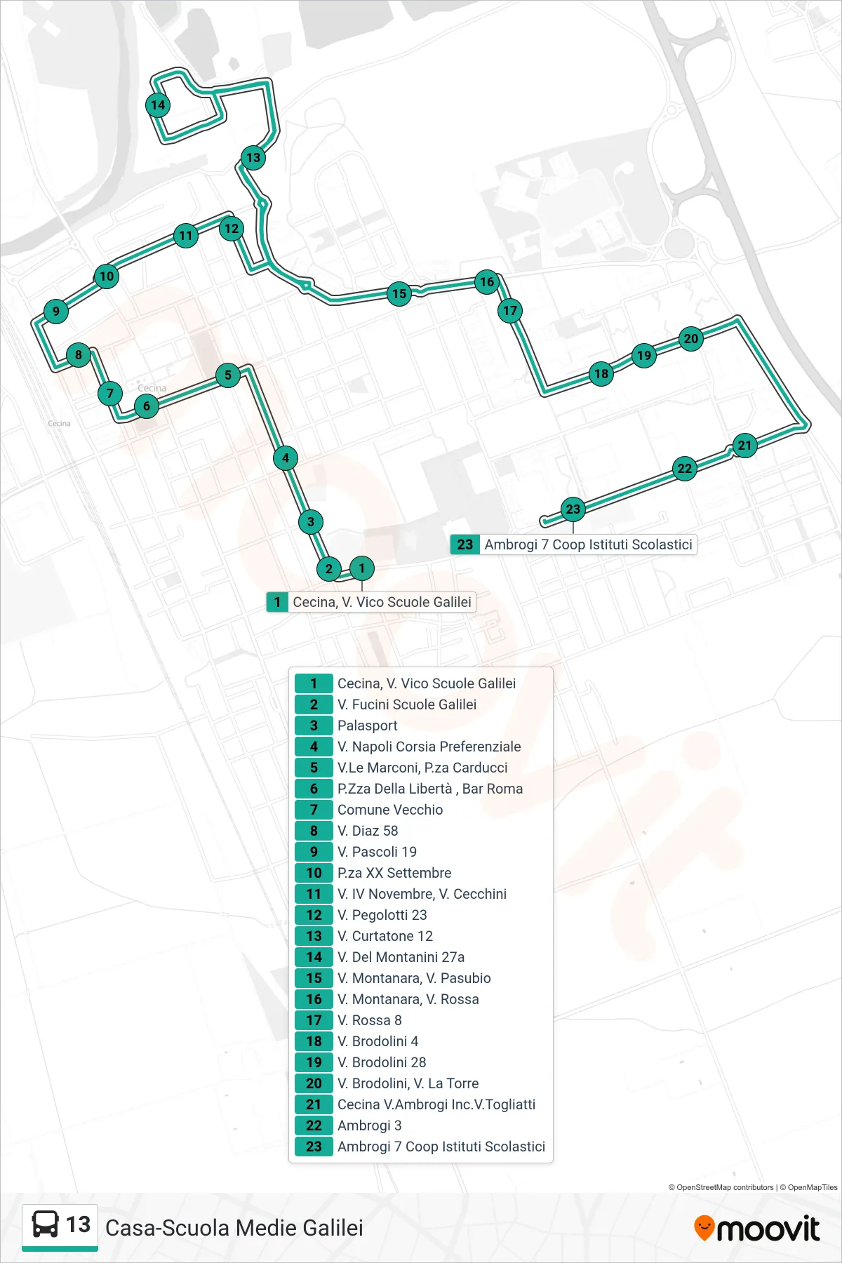 Linea 13 bus (Ambrogi 7 Coop Istituti Scolastici) - Percorsi e fermate sulla mappa
