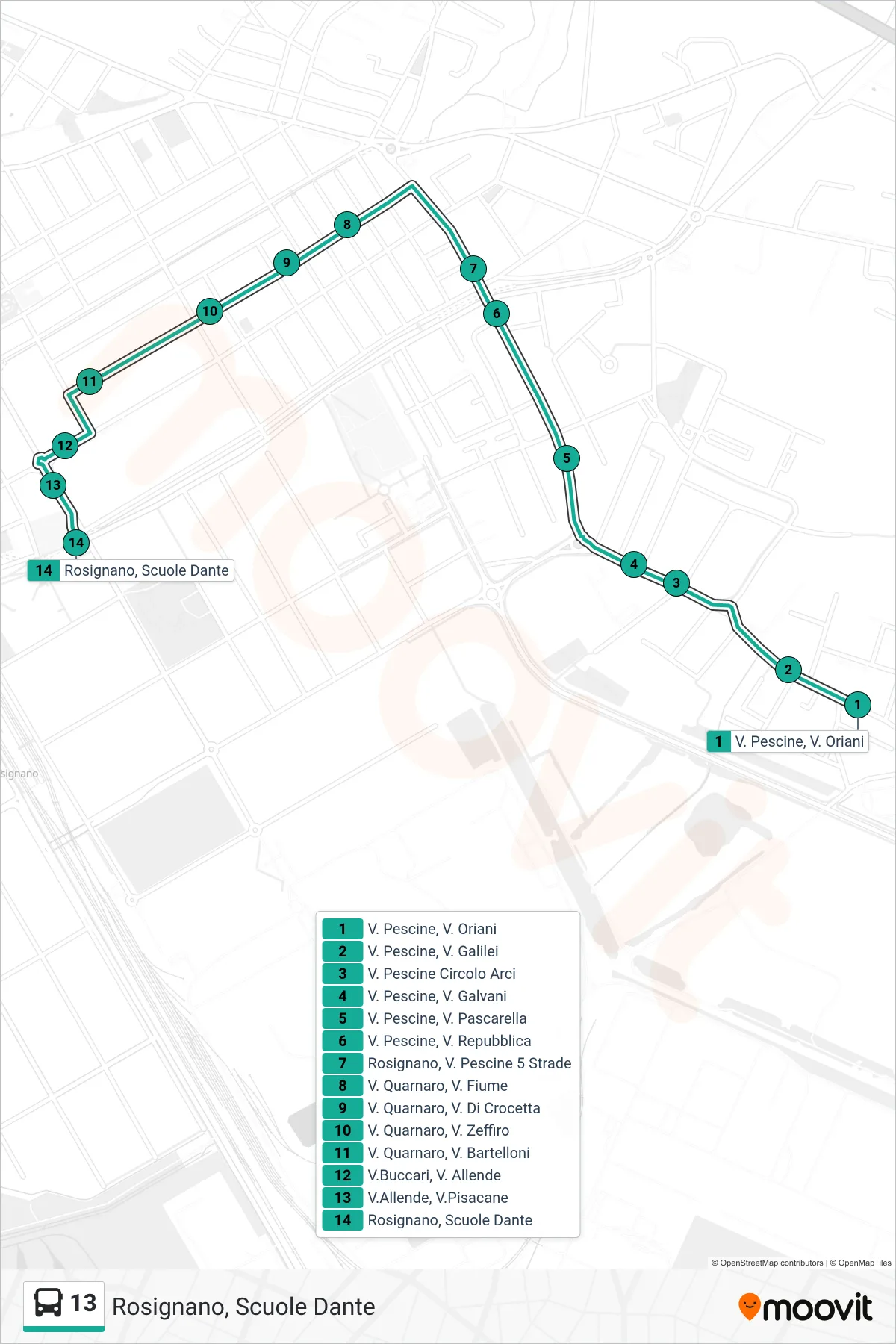 Linea 13 bus (Rosignano, Scuole Dante) - Percorsi e fermate sulla mappa