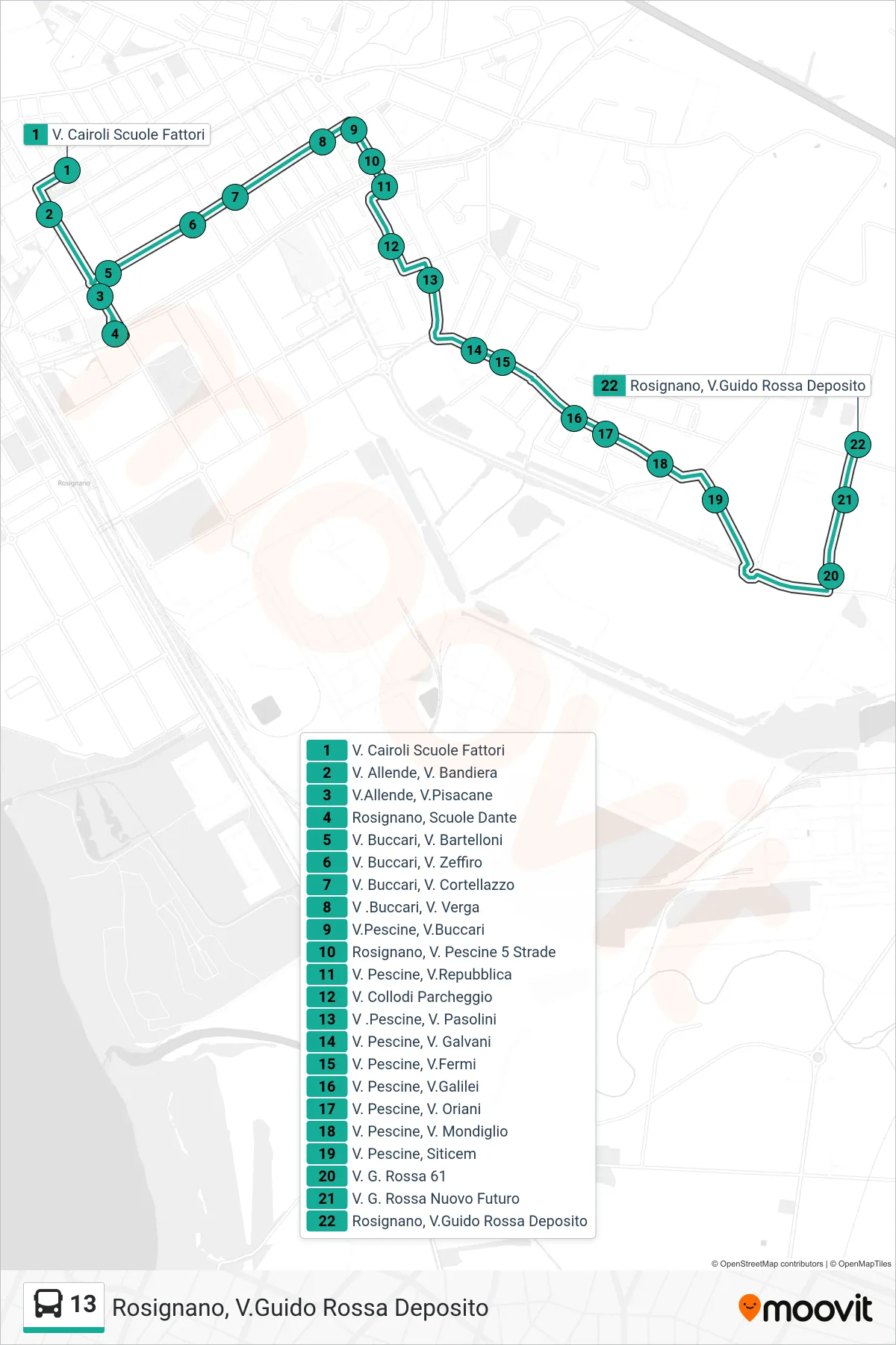 Linea 13  bus (Rosignano, V.Guido Rossa Deposito) - Percorsi e fermate sulla mappa