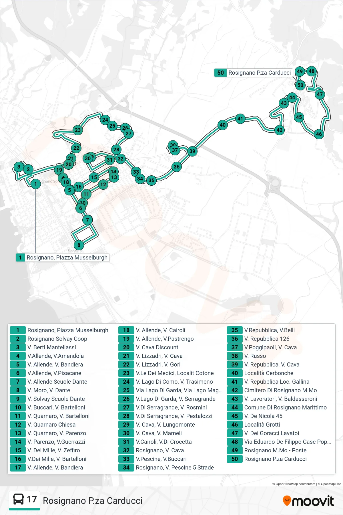Linea 17 bus (Rosignano P.za Carducci) - Percorsi e fermate sulla mappa