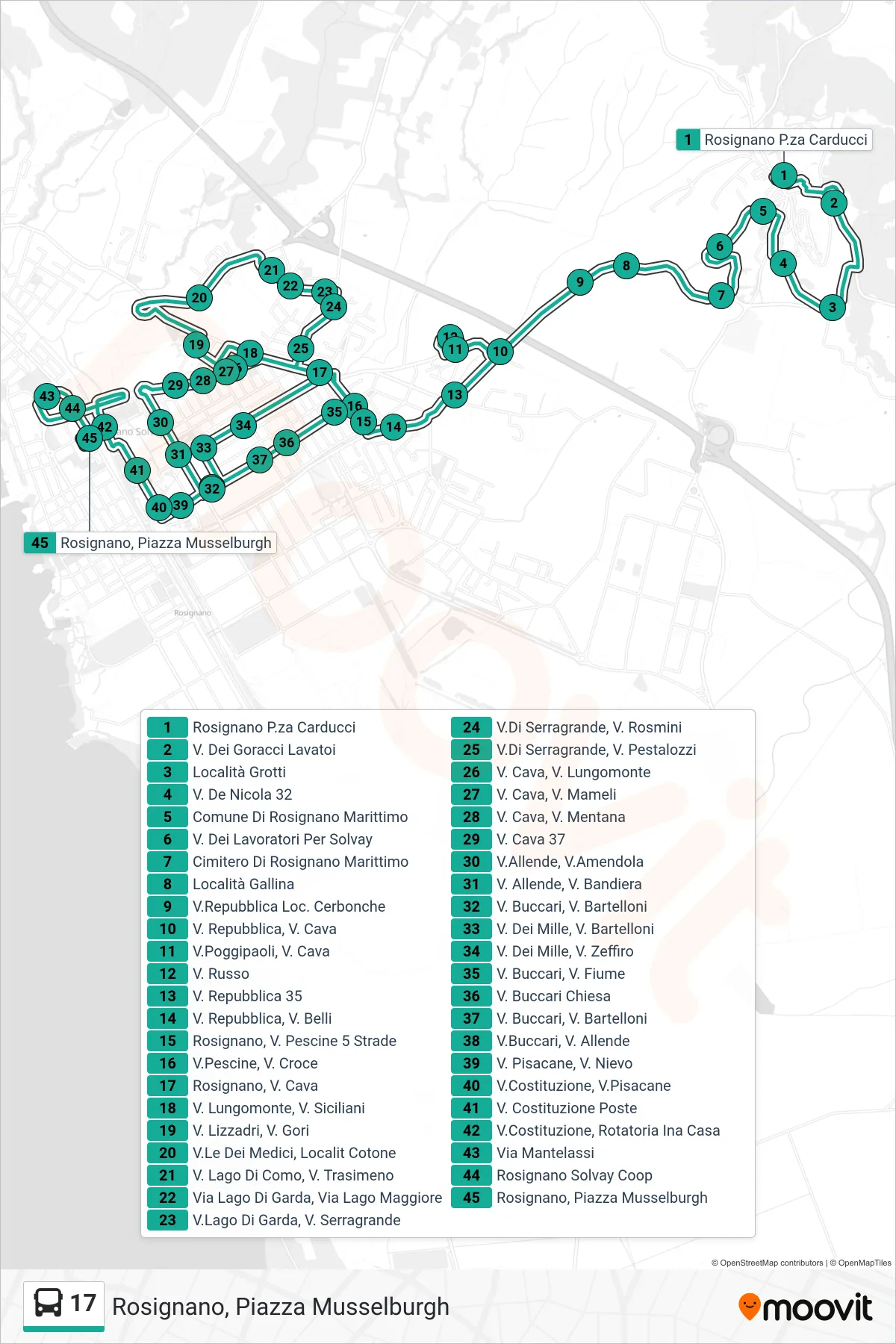 Linea 17 bus (Rosignano, Piazza Musselburgh) - Percorsi e fermate sulla mappa