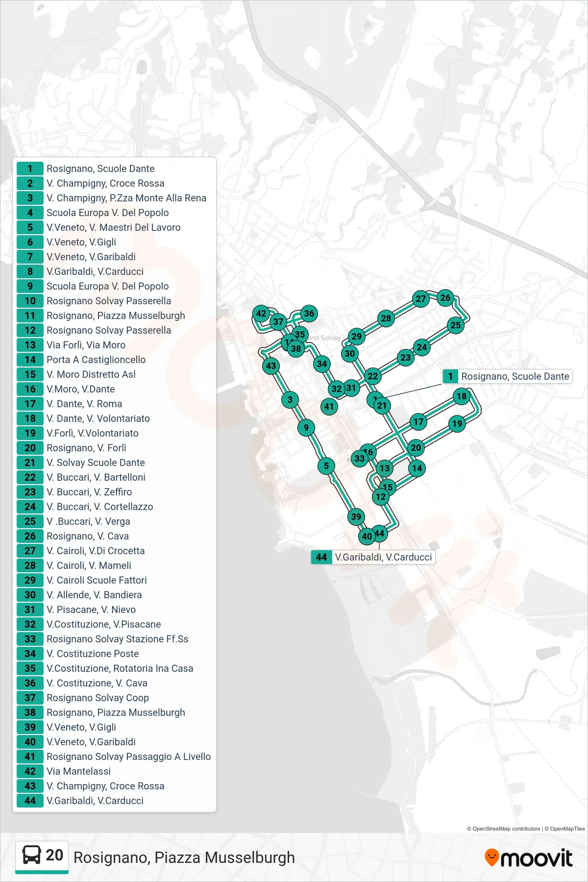 Linea 20 bus (Rosignano, Piazza Musselburgh) - Percorsi e fermate sulla mappa