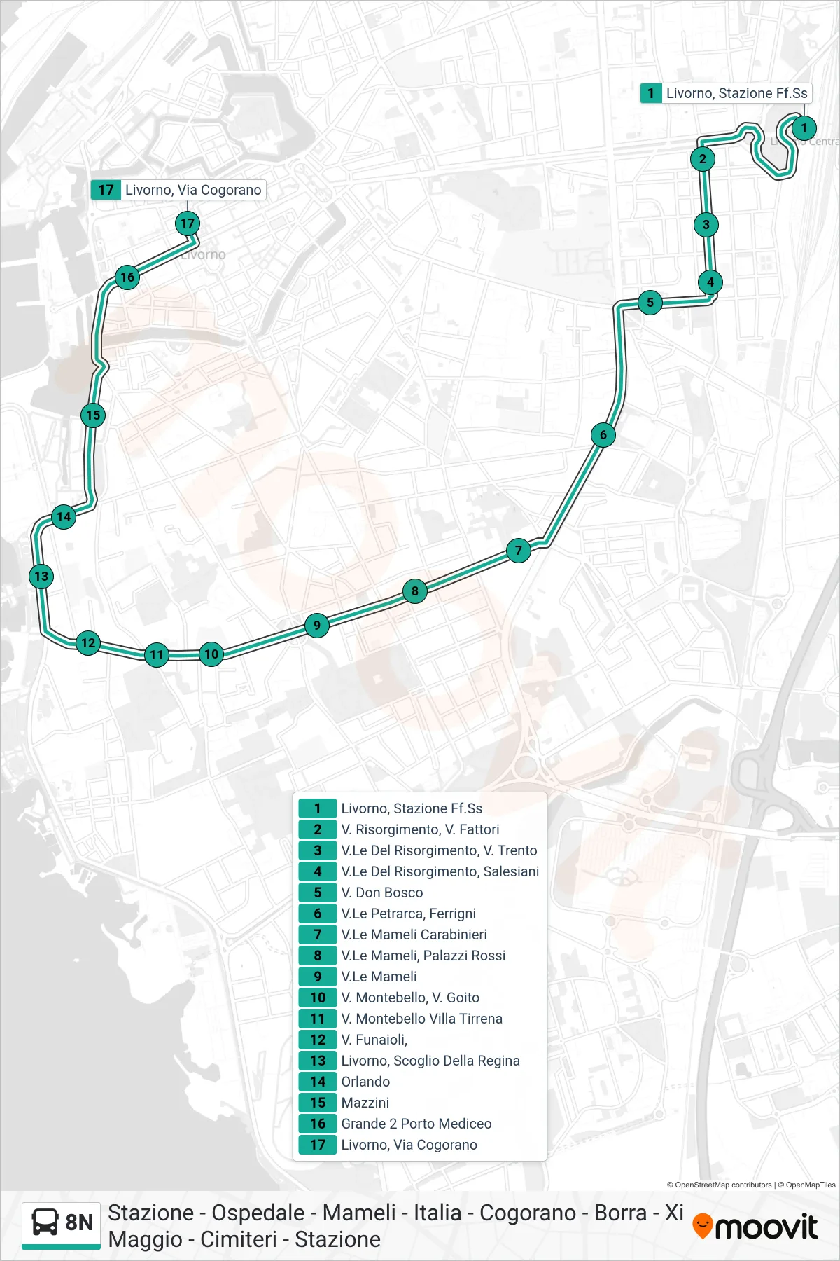 Linea 8N  bus (Livorno, Via Cogorano) - Percorsi e fermate sulla mappa