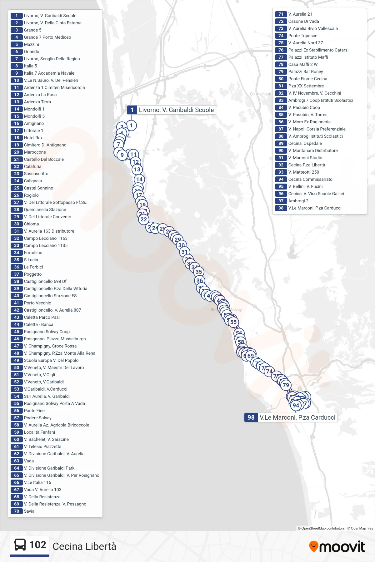 Linea 102 bus (Cecina Libertà) - Percorsi e fermate sulla mappa