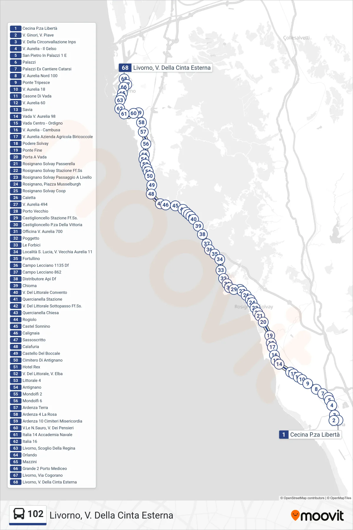 Linea 102 bus (Livorno, V. Della Cinta Esterna) - Percorsi e fermate sulla mappa