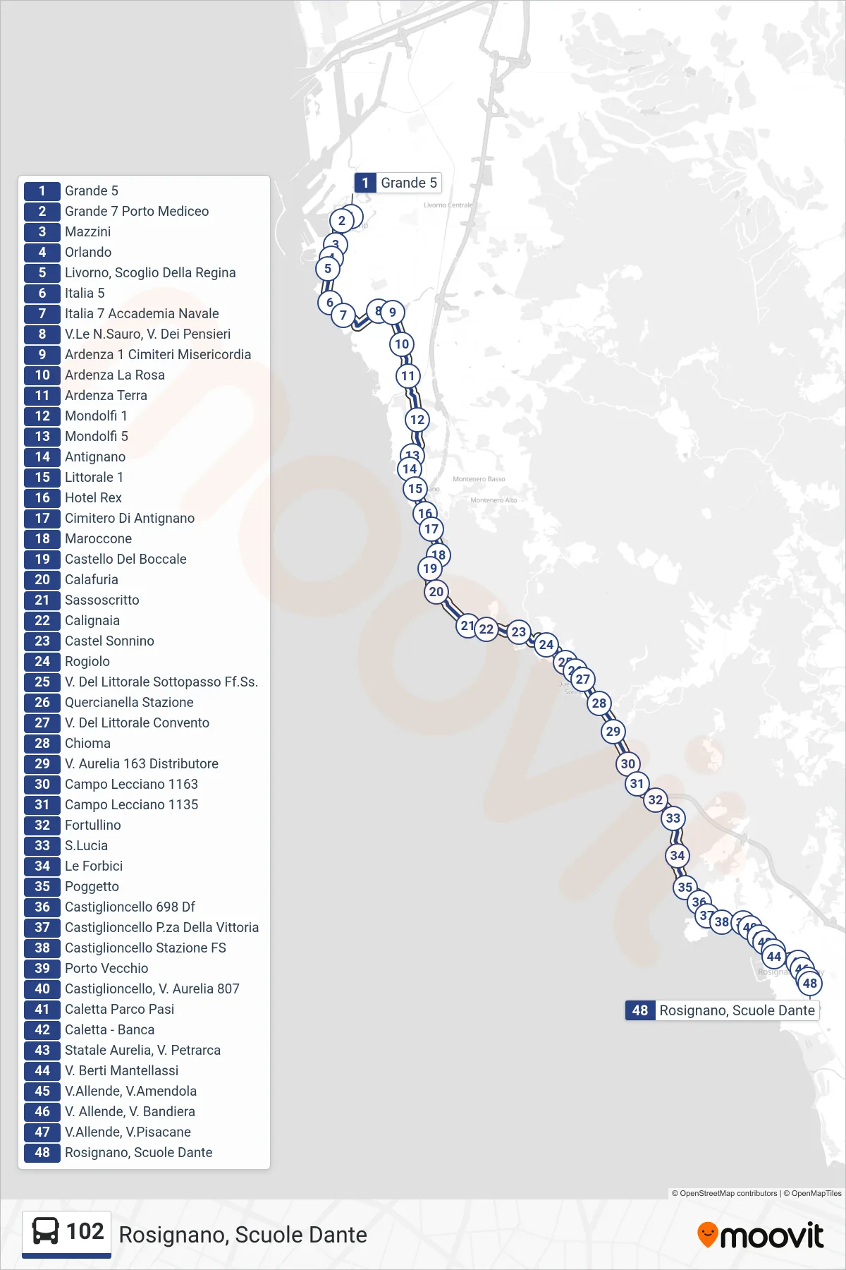 Linea 102  bus (Rosignano, Scuole Dante) - Percorsi e fermate sulla mappa