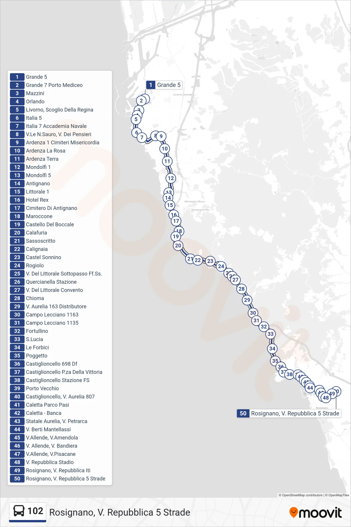 Linea 102 bus (Rosignano, V. Repubblica 5 Strade) - Percorsi e fermate sulla mappa