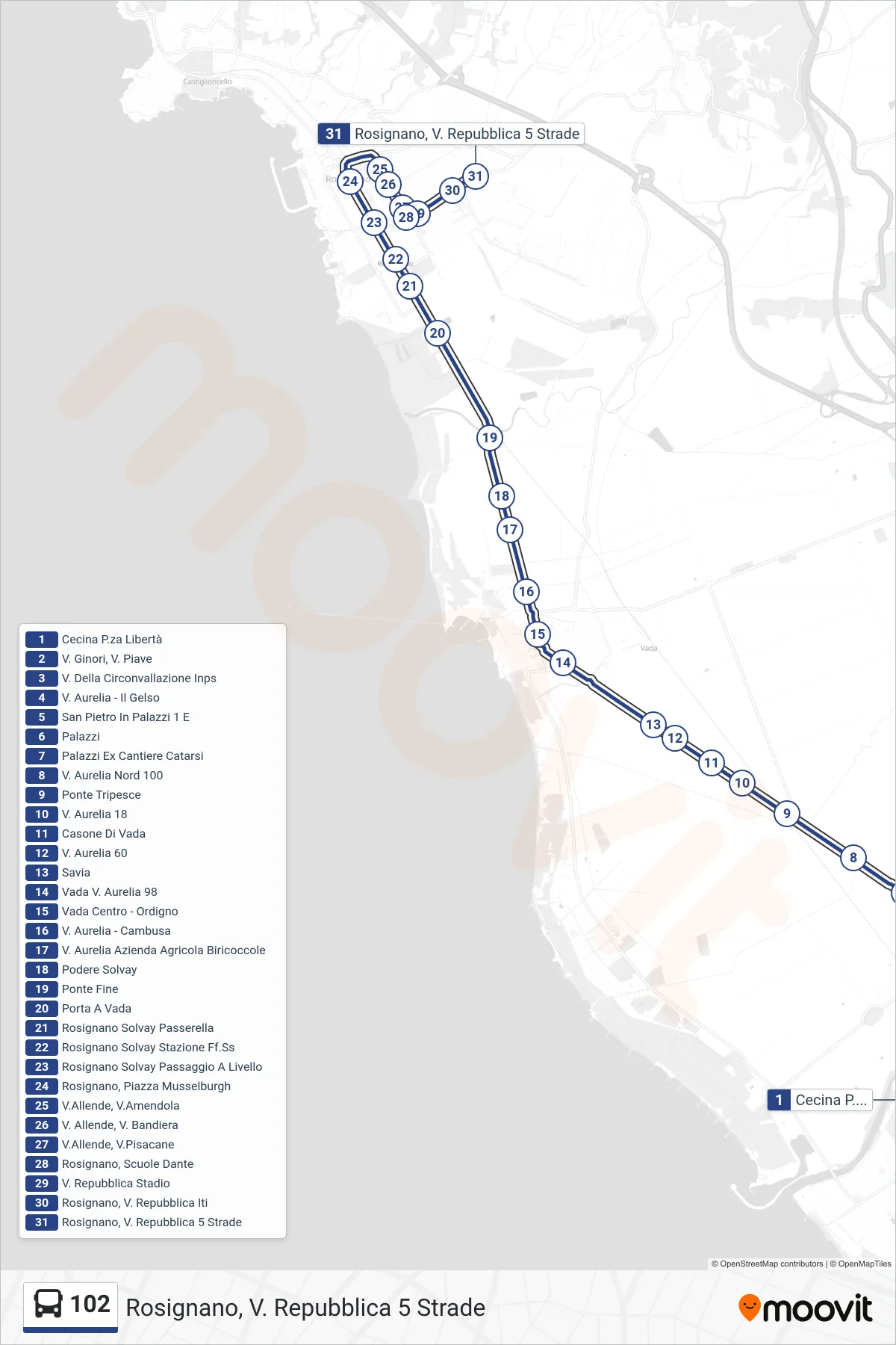 Linea 102  bus (Rosignano, V. Repubblica 5 Strade) - Percorsi e fermate sulla mappa