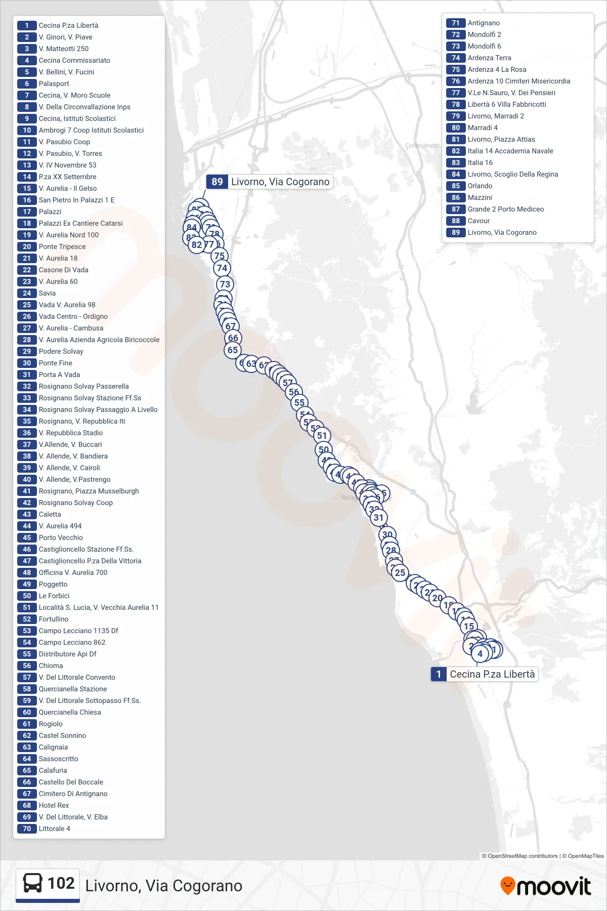 Linea 102  bus (Livorno, Via Cogorano) - Percorsi e fermate sulla mappa