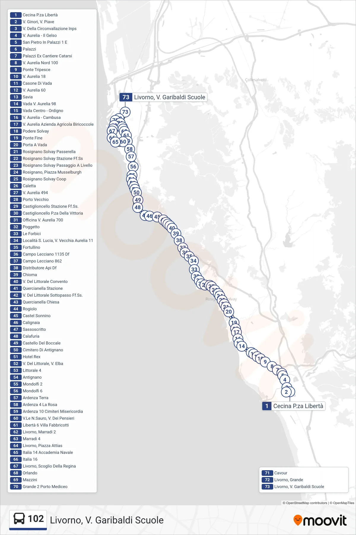 Linea 102  bus (Livorno, V. Garibaldi Scuole) - Percorsi e fermate sulla mappa