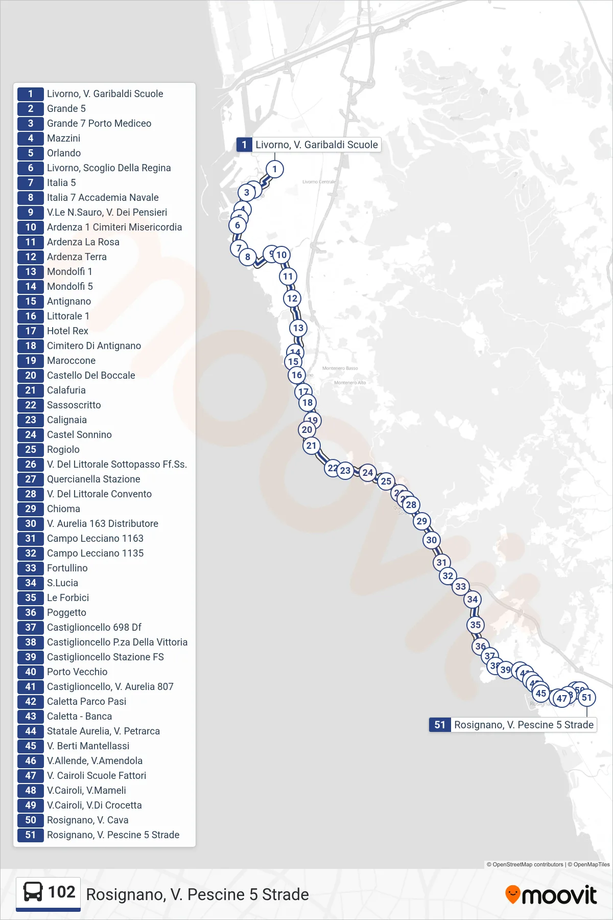 Linea 102  bus (Rosignano, V. Pescine 5 Strade) - Percorsi e fermate sulla mappa