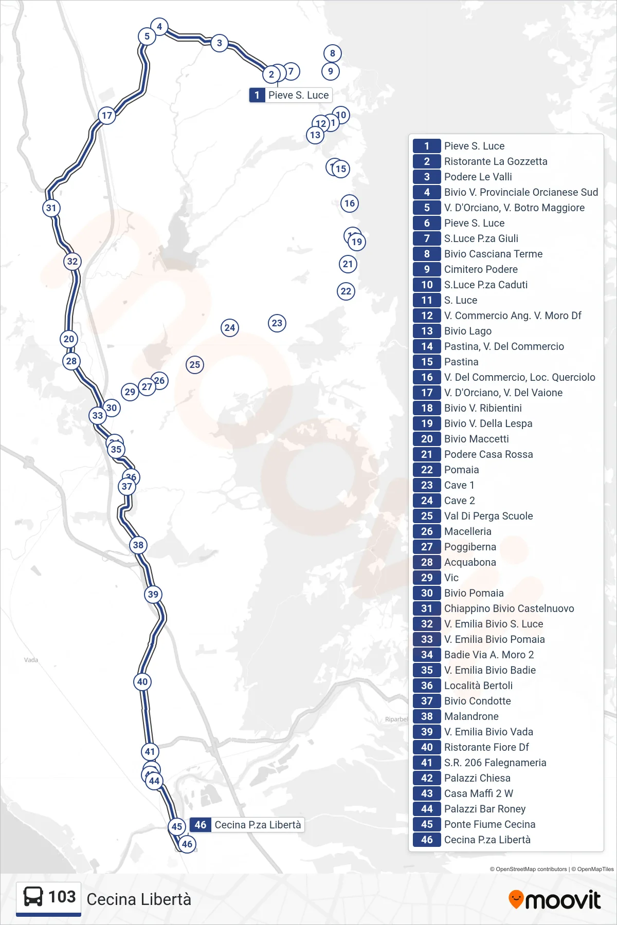 Linea 103  bus (Cecina Libertà) - Percorsi e fermate sulla mappa