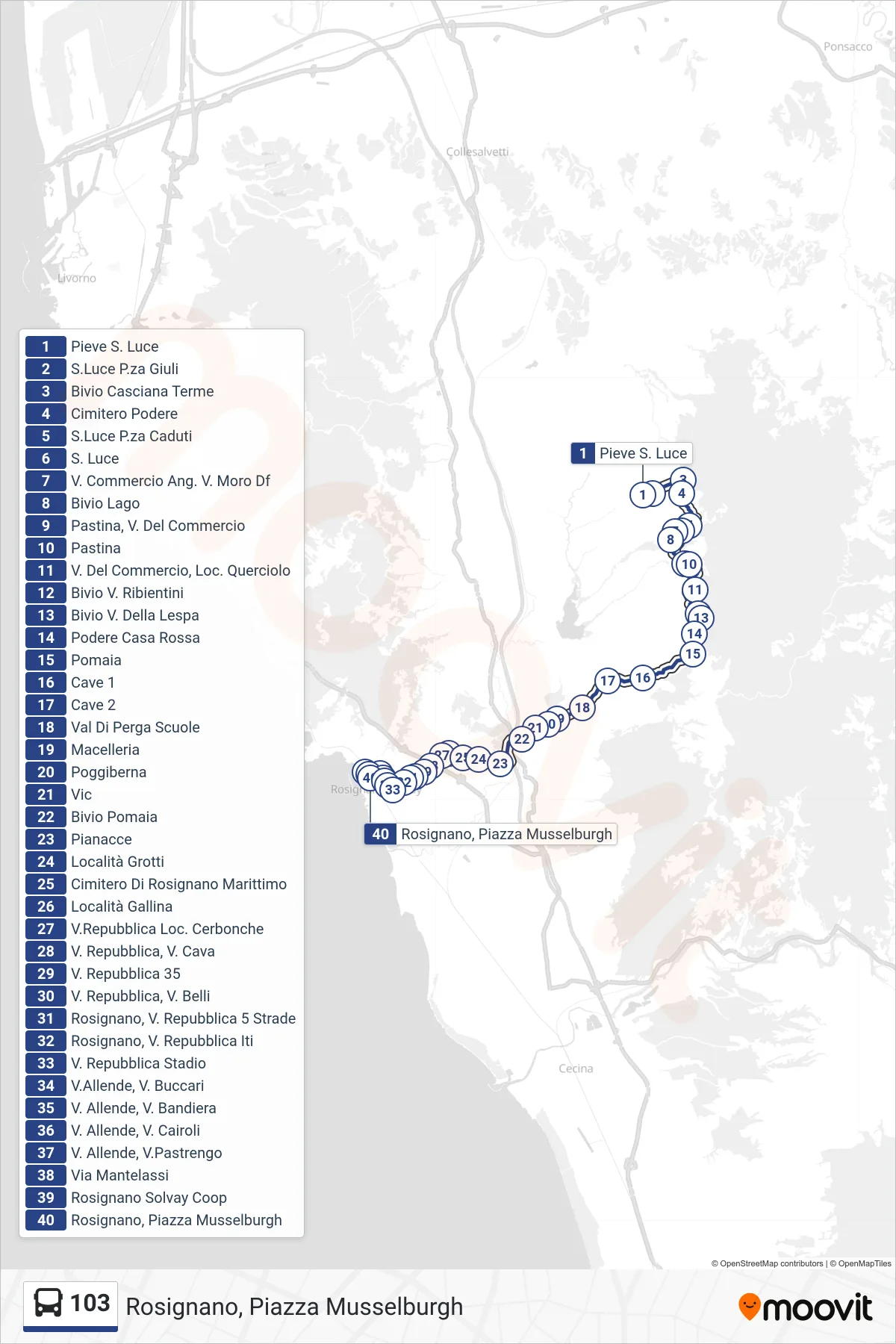 Linea 103 bus (Rosignano, Piazza Musselburgh) - Percorsi e fermate sulla mappa