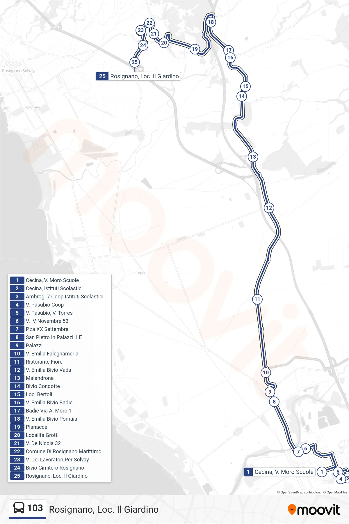 Linea 103  bus (Rosignano, Loc. Il Giardino) - Percorsi e fermate sulla mappa