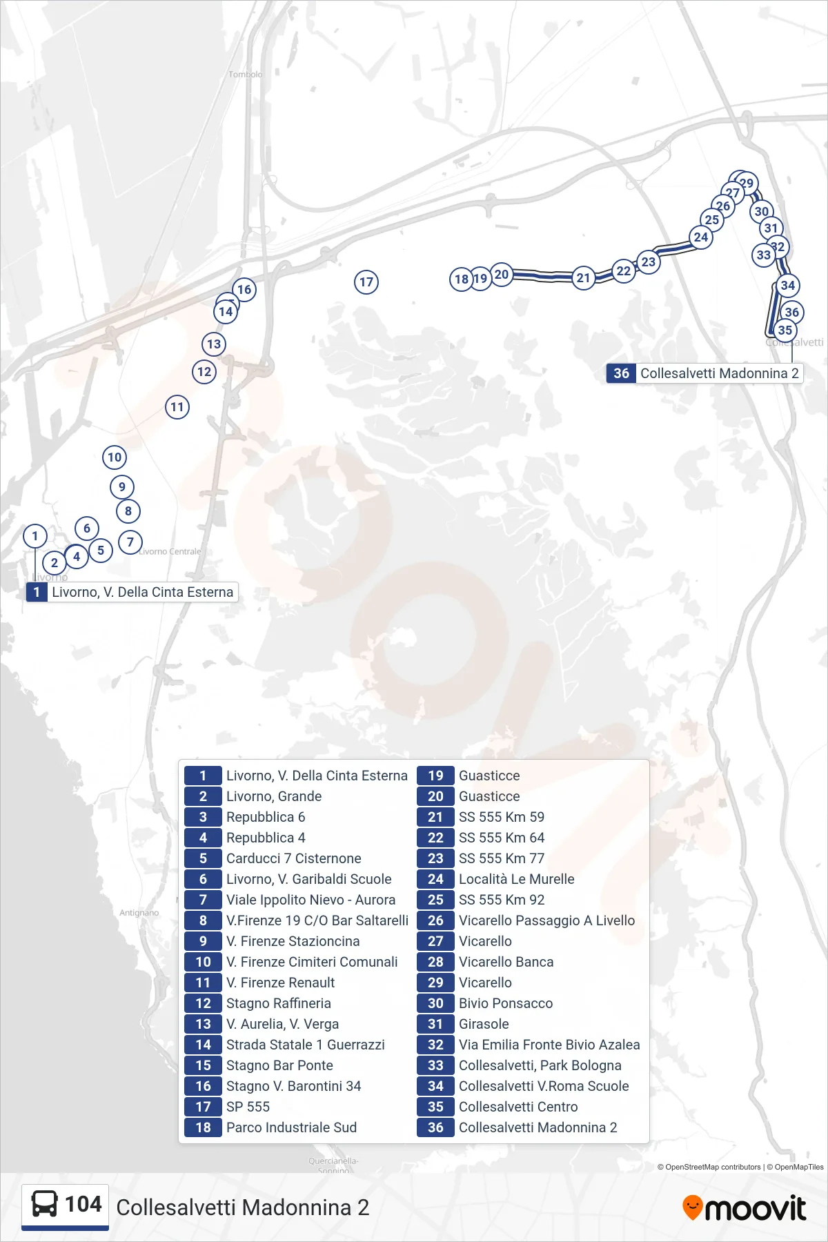 Linea 104 bus (Collesalvetti Madonnina 2) - Percorsi e fermate sulla mappa